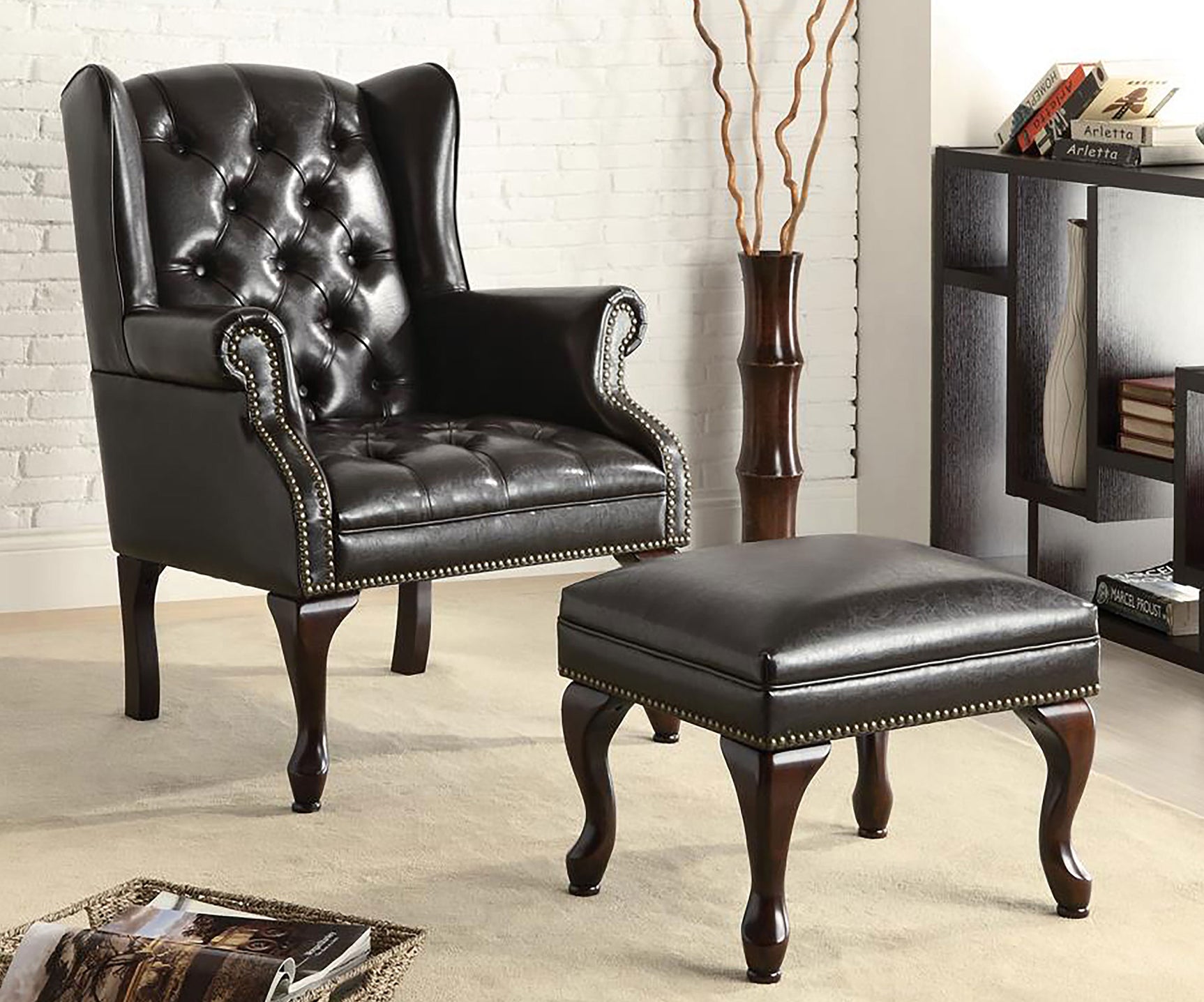 Roberts Upholstered Wingback Chair and Ottoman Set Black - Tampa Furniture Outlet