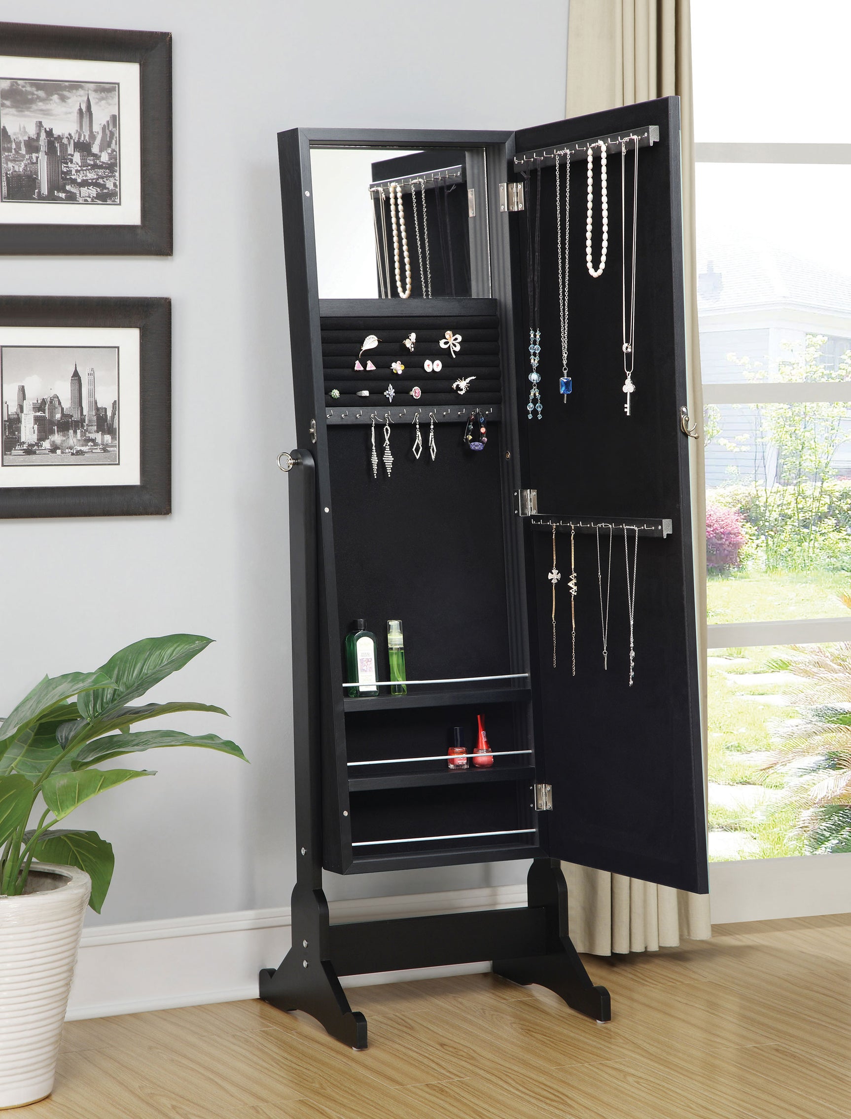 Cortez Cheval Mirror with Jewelry Storage Black - Tampa Furniture Outlet