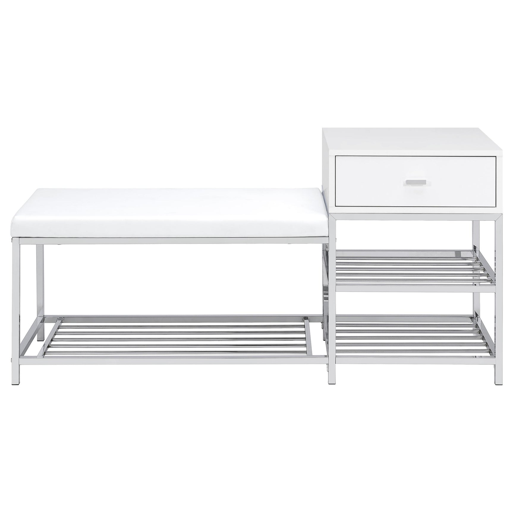 Siega 1-Drawer Shoe Storage Entryway Bench White High Gloss and Chrome
