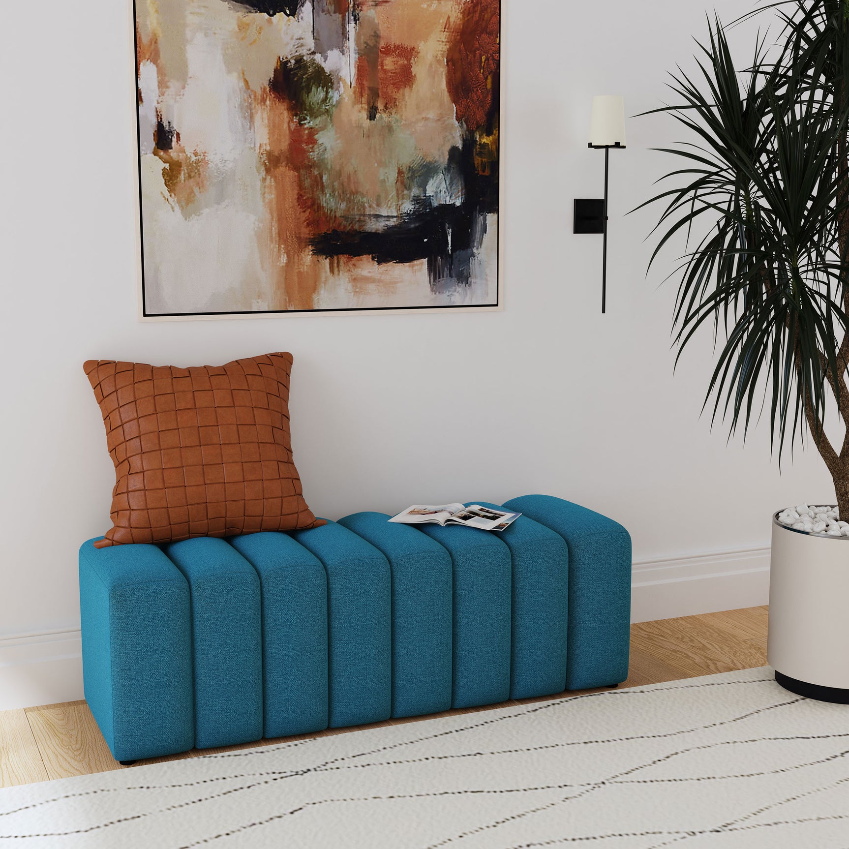 Summer Fabric Upholstered Tufted Accent Bench Peacock Blue - Tampa Furniture Outlet
