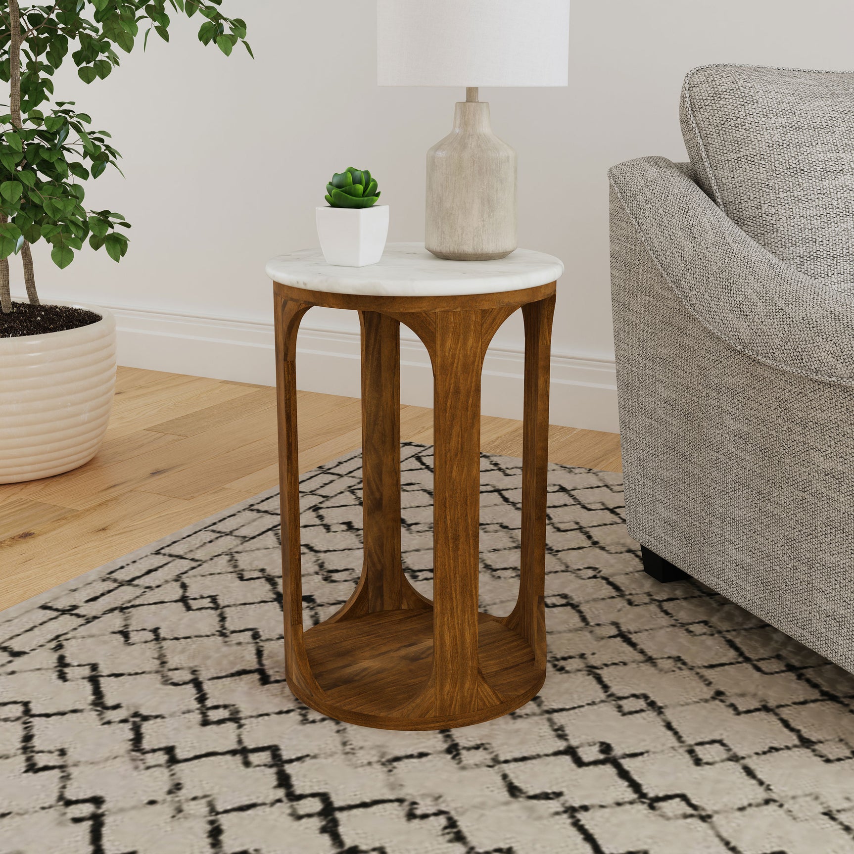 Berkeley Round Marble Top Side Table White and Brown - Tampa Furniture Outlet