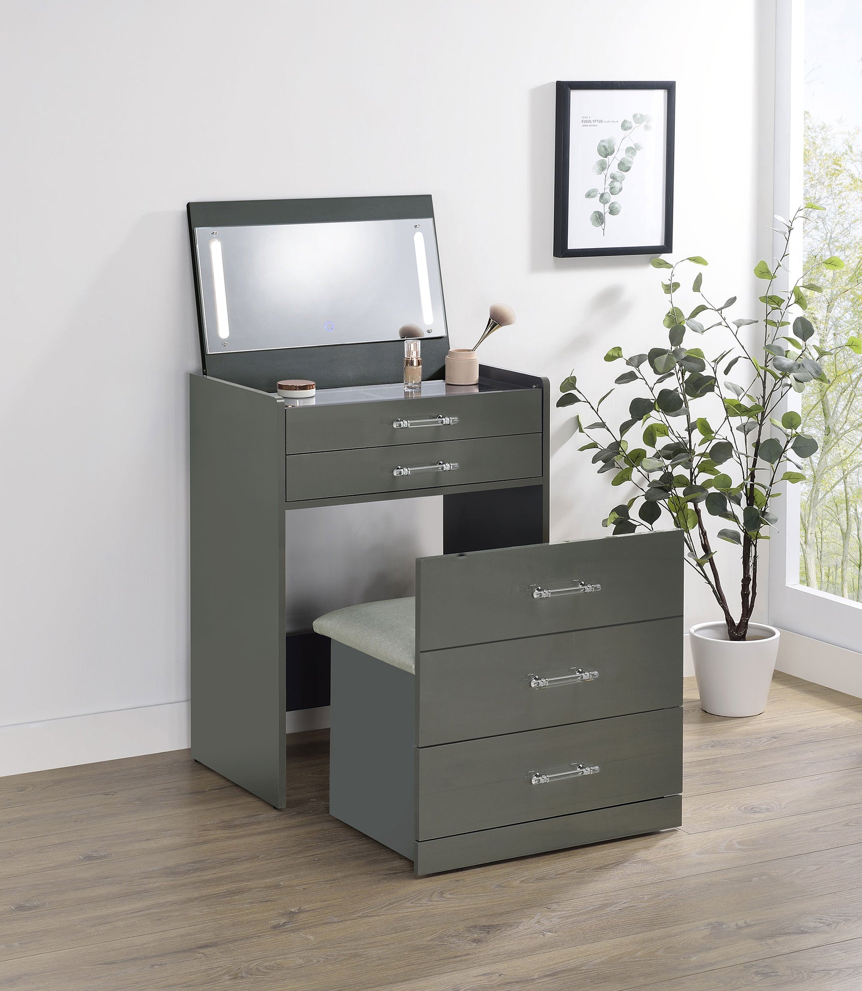 Danbury 3-drawer Makeup Vanity & Stool Set Grey High Gloss - Tampa Furniture Outlet