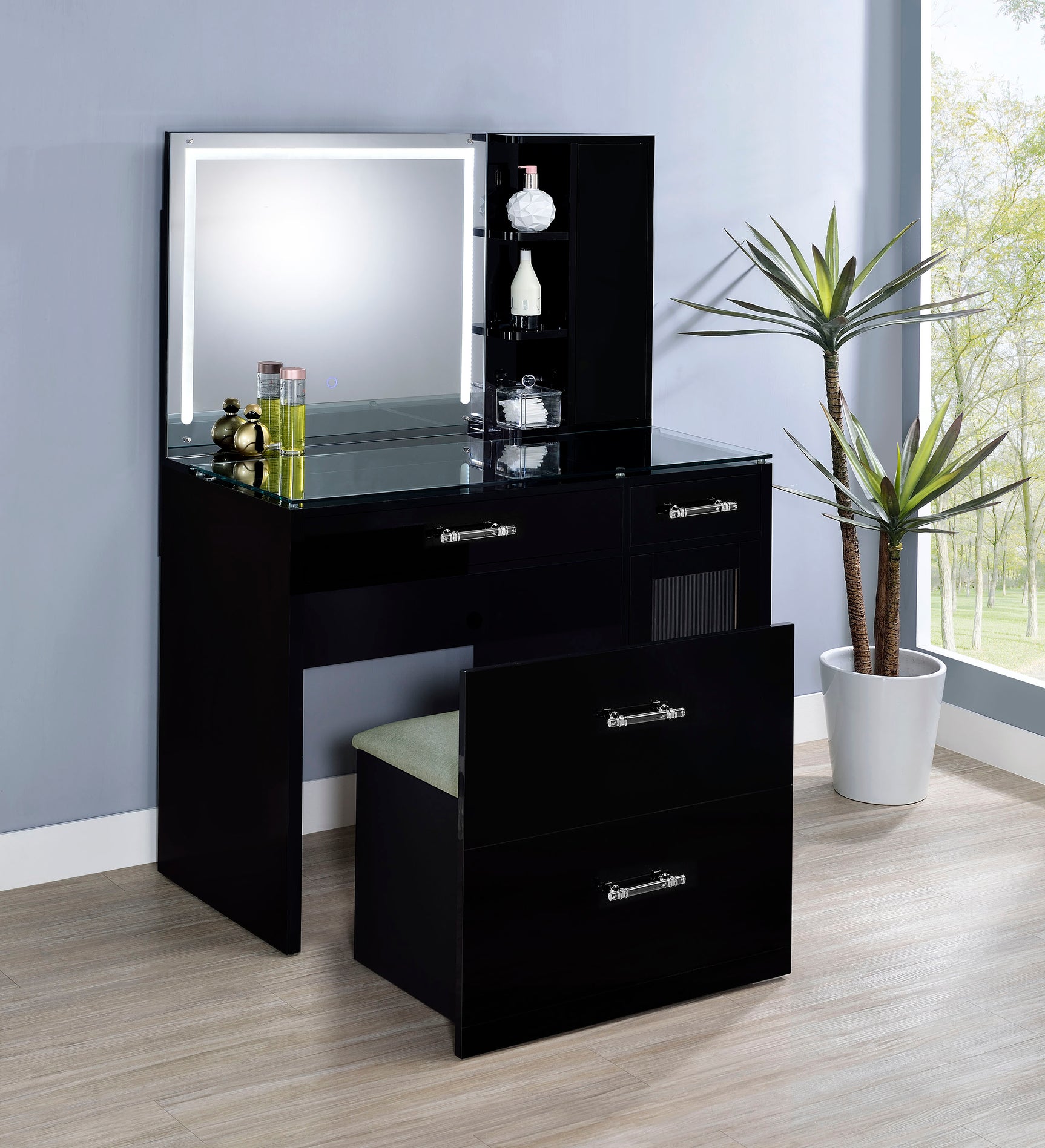 Flora 2-drawer Vanity Set with LED Mirror Black High Gloss - Tampa Furniture Outlet