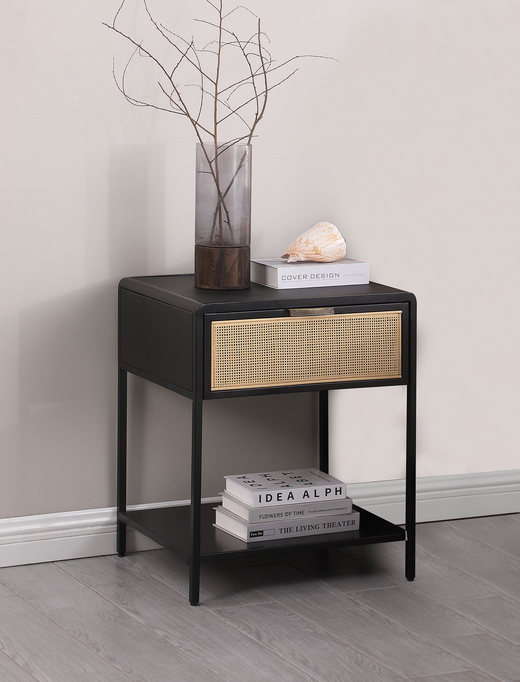 Amherst 1-drawer Radio Weave Cane Metal Bedside Table Black - Tampa Furniture Outlet