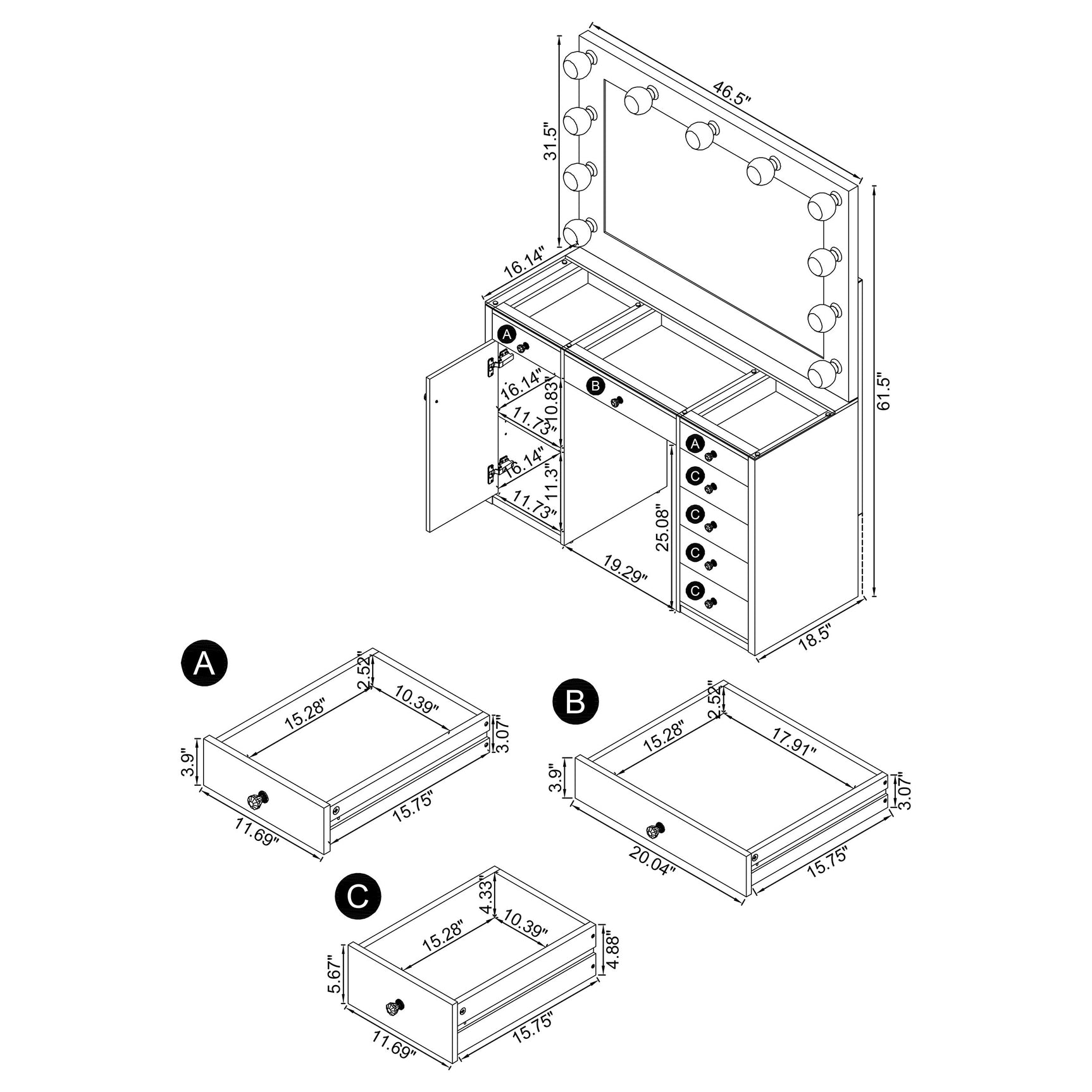 Acena 7-drawer Vanity Set with Lighting White High Gloss - Tampa Furniture Outlet