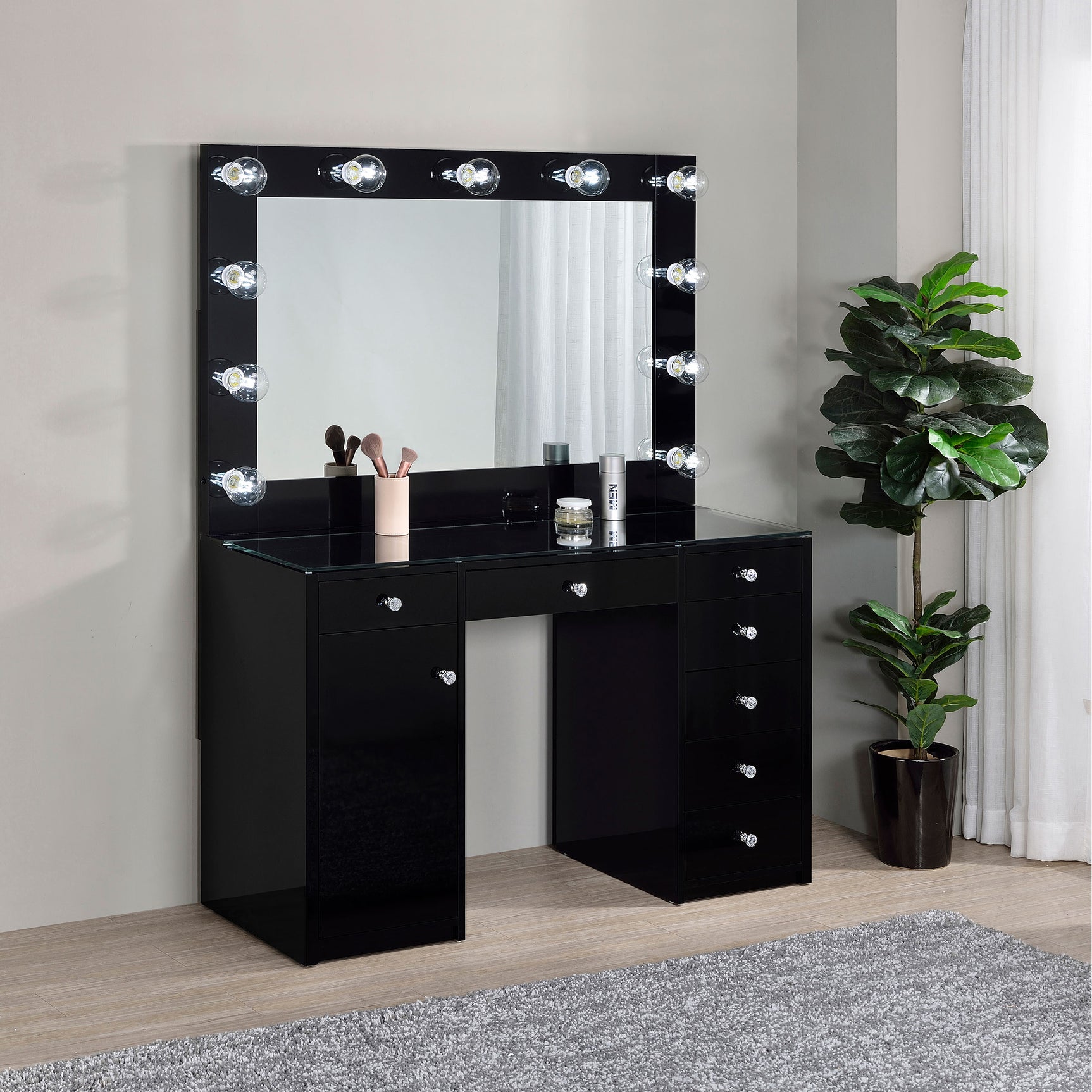 Acena 7-drawer Vanity Set with Lighting Black High Gloss - Tampa Furniture Outlet