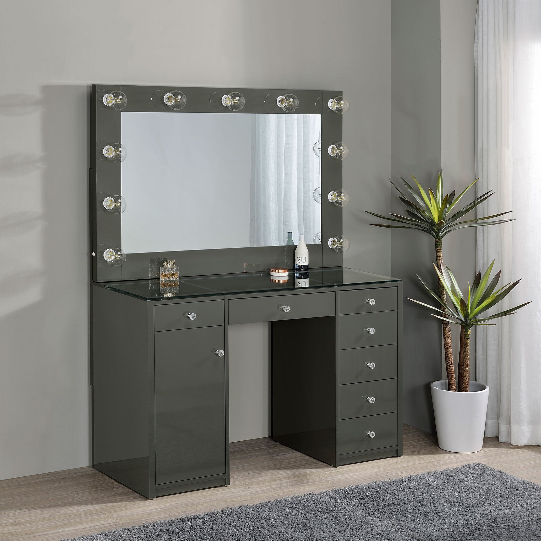 Acena 7-drawer Vanity Set with Lighting Grey High Gloss - Tampa Furniture Outlet