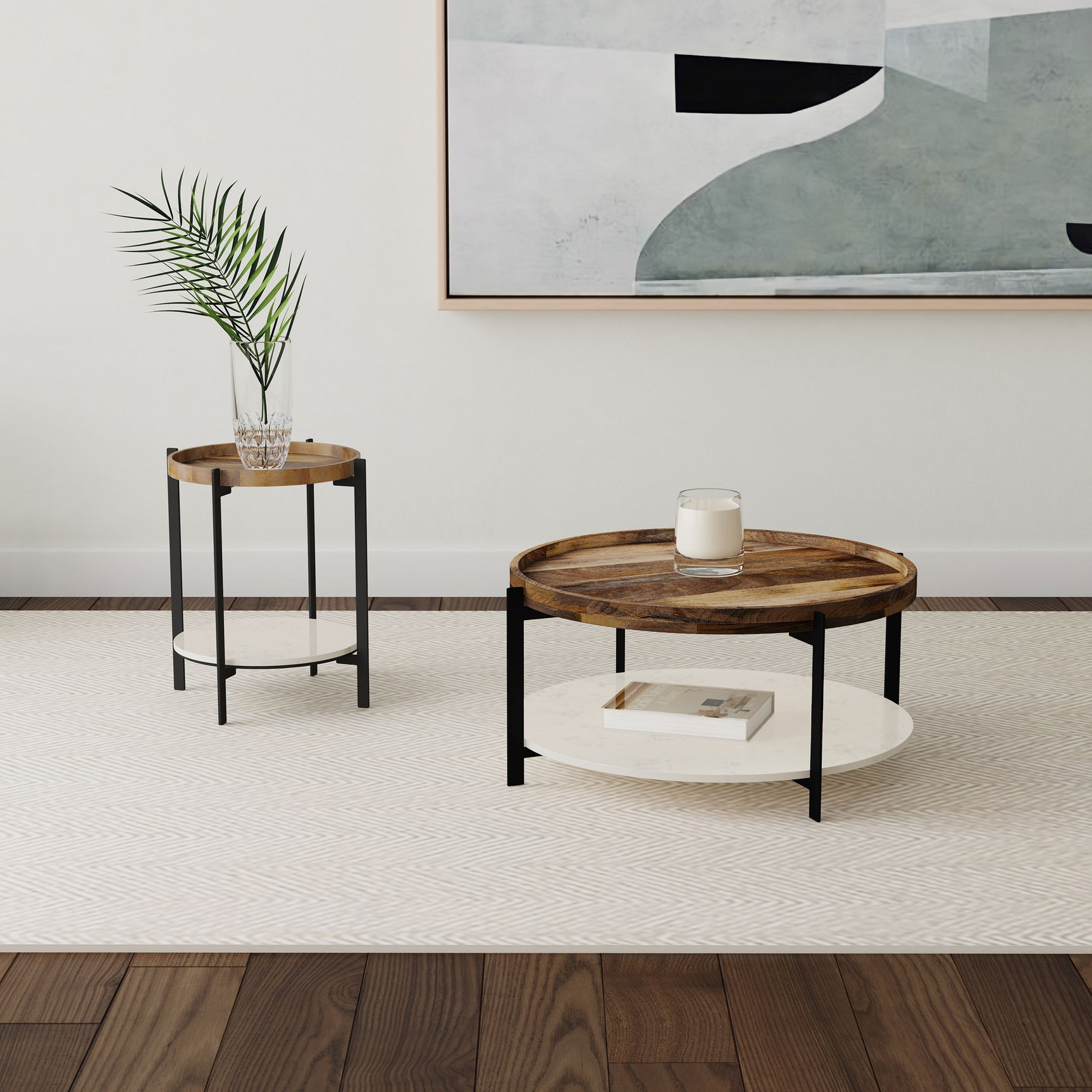 Adhvik Round End Side Table Marble Shelf Natural and Black