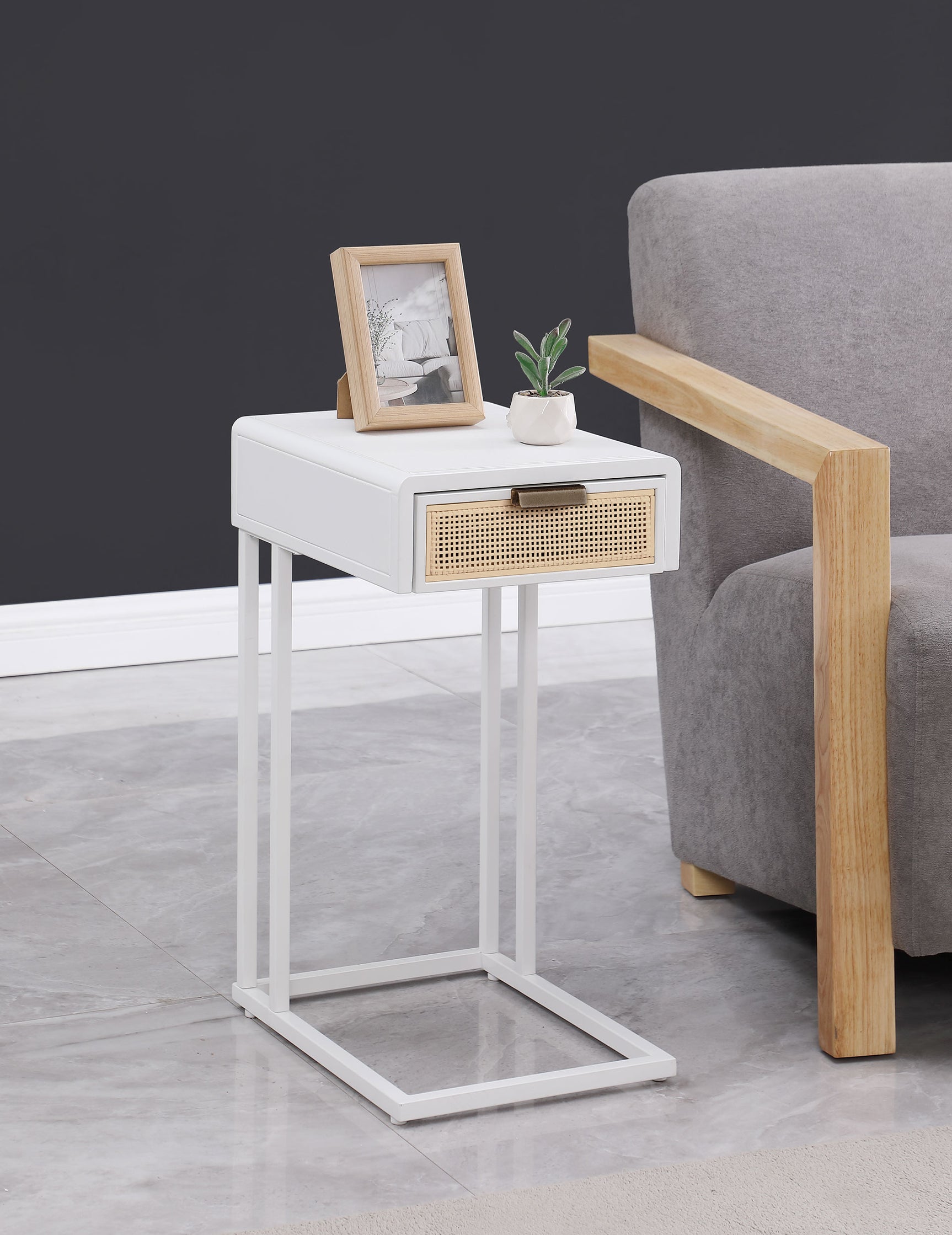Amherst 1-drawer Radio Weave Cane Metal Side Table White - Tampa Furniture Outlet
