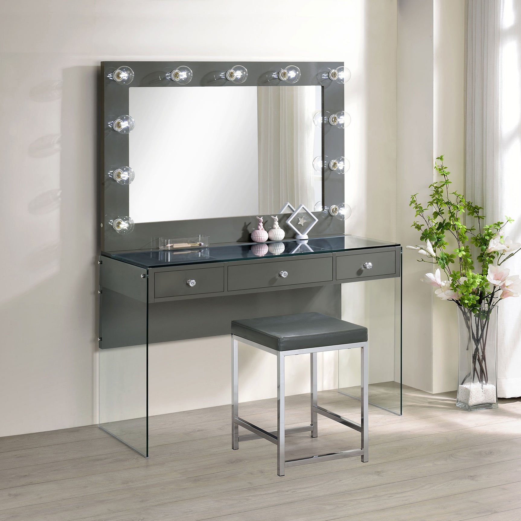 Afshan 3-drawer Vanity Set with Lighting Grey High Gloss - Tampa Furniture Outlet