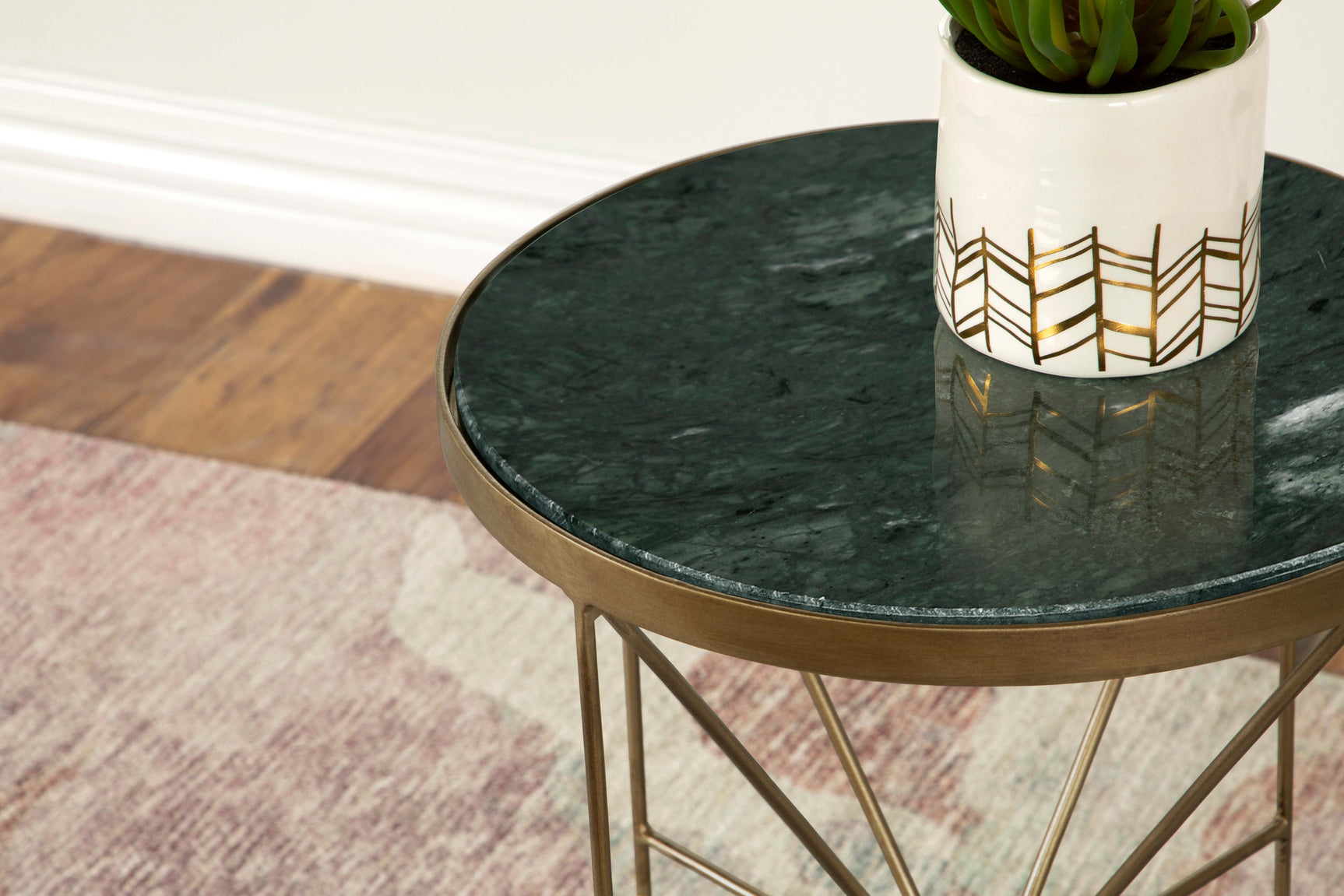 Eliska Round Green Marble Top Accent Side Table Antique Gold - Tampa Furniture Outlet
