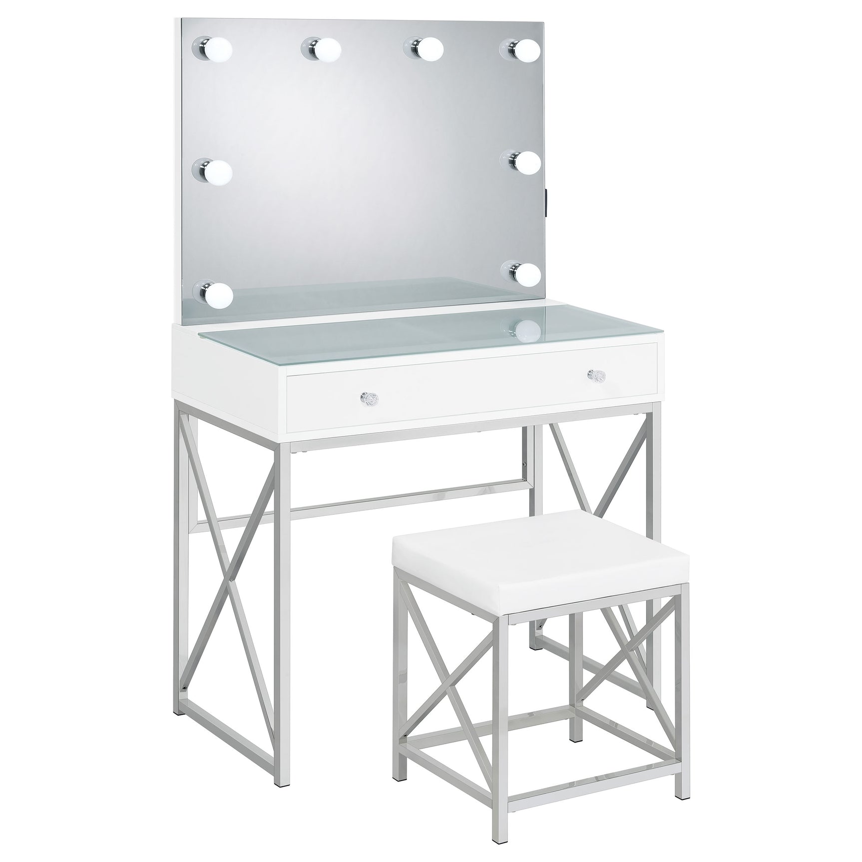Tampa Furniture Outlet - Coaster - Eliza Vanity Set with Lighting & Stool White and Chrome - 936164