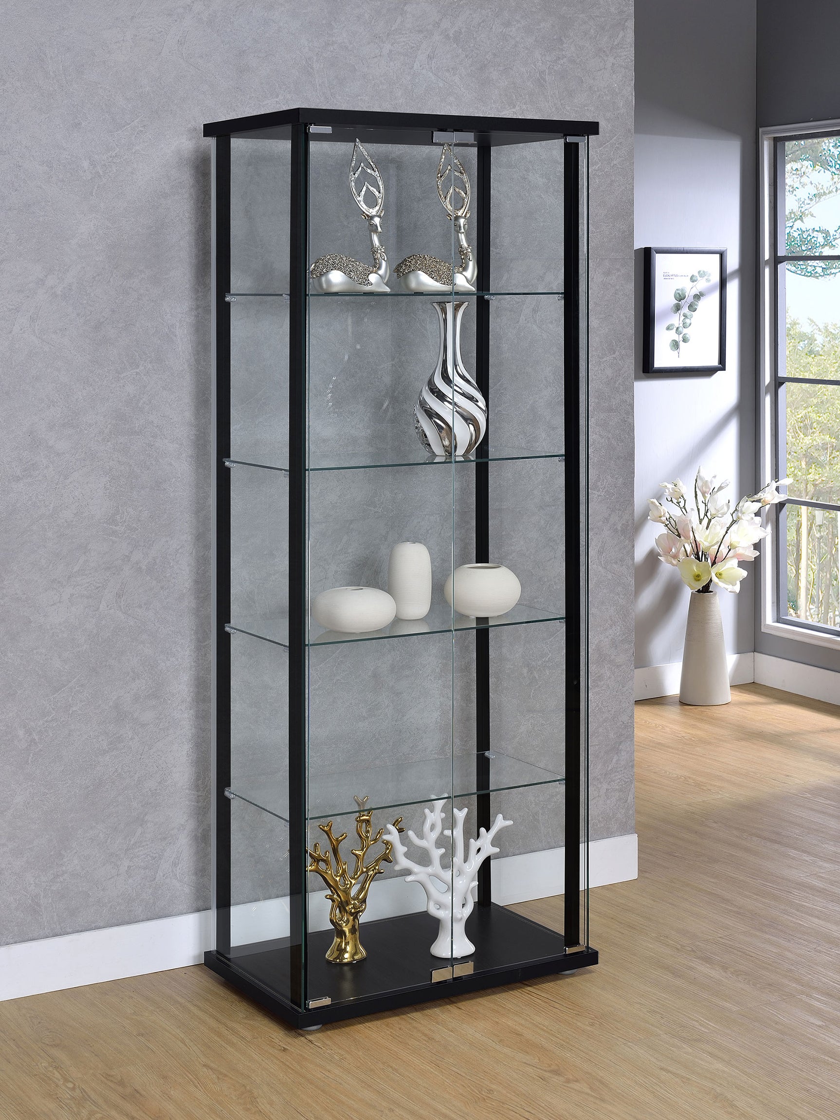 Delphinium 4-Shelf Clear Glass Curio Display Cabinet Black - Tampa Furniture Outlet