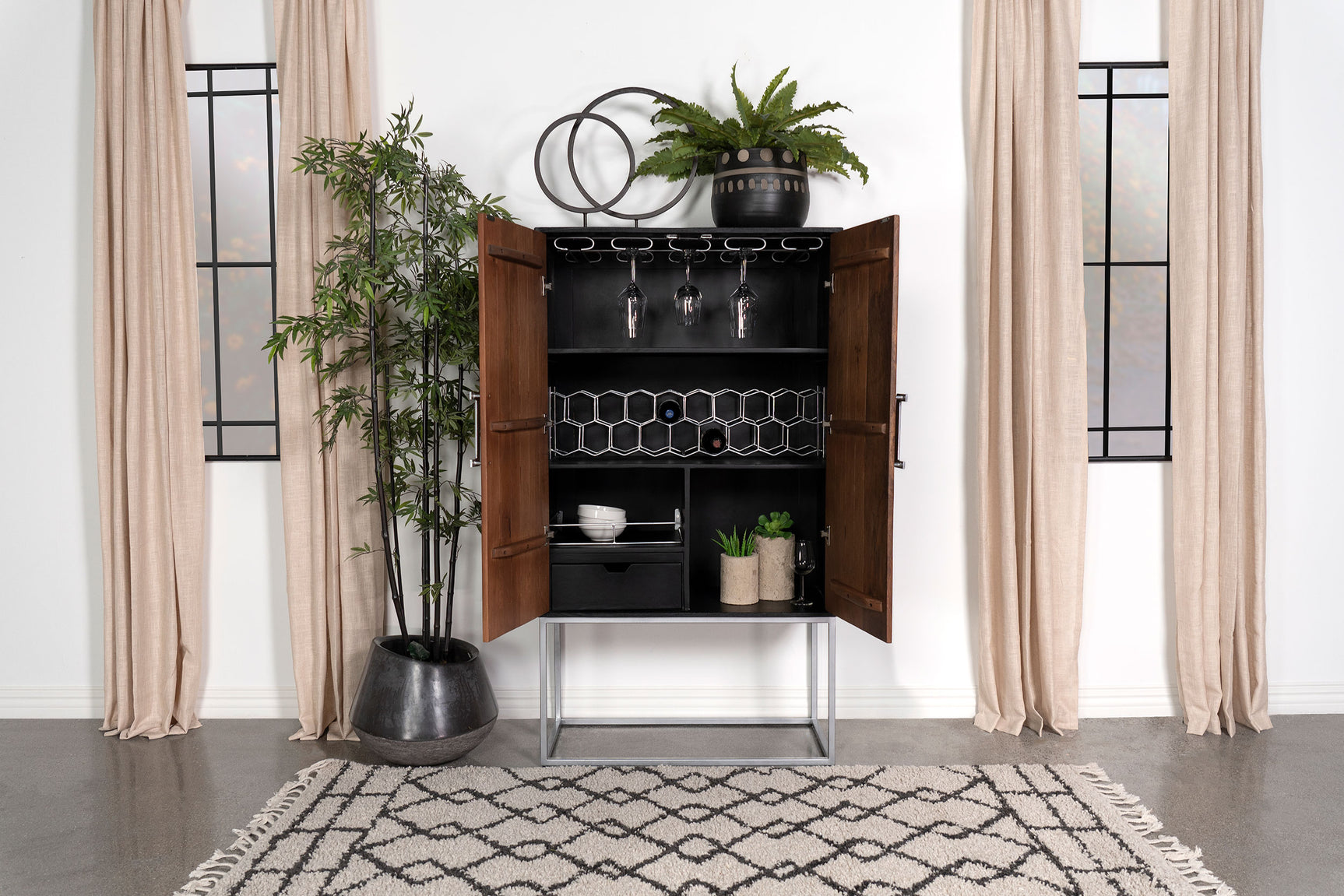 Borman 2-door Home Bar Cabinet Wine Storage Walnut and Black - Tampa Furniture Outlet
