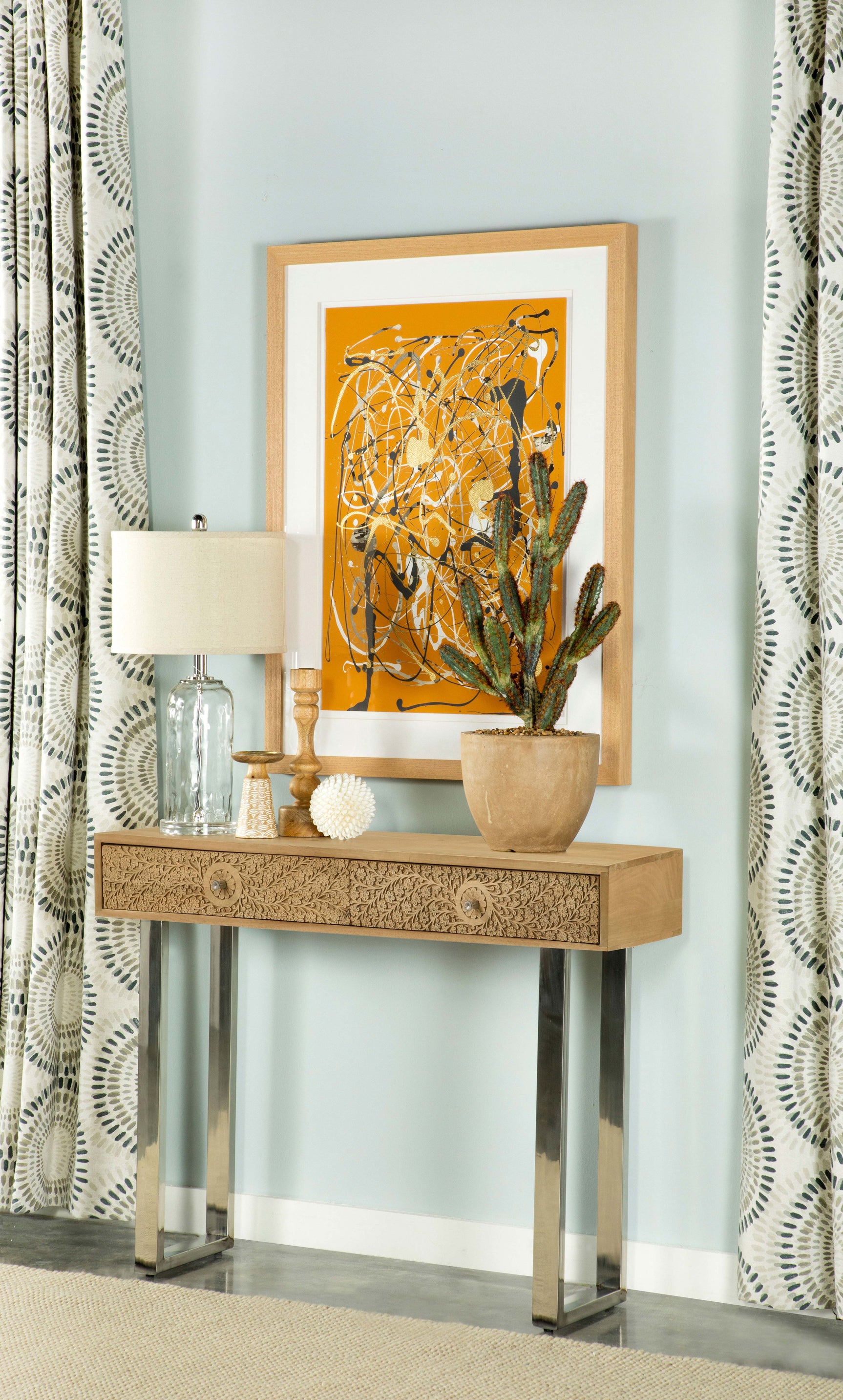 Draco 2-drawer Console Table Hand Carved Details Natural - Tampa Furniture Outlet
