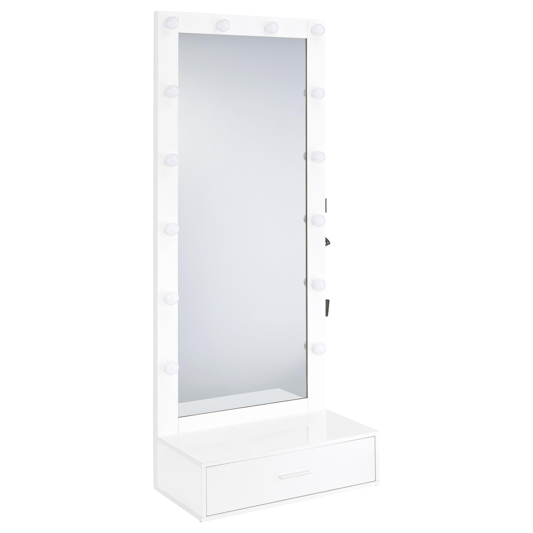 Tampa Furniture Outlet - Coaster - Spector 1-drawer Lighted Full-Length Floor Mirror White High Gloss - 960954