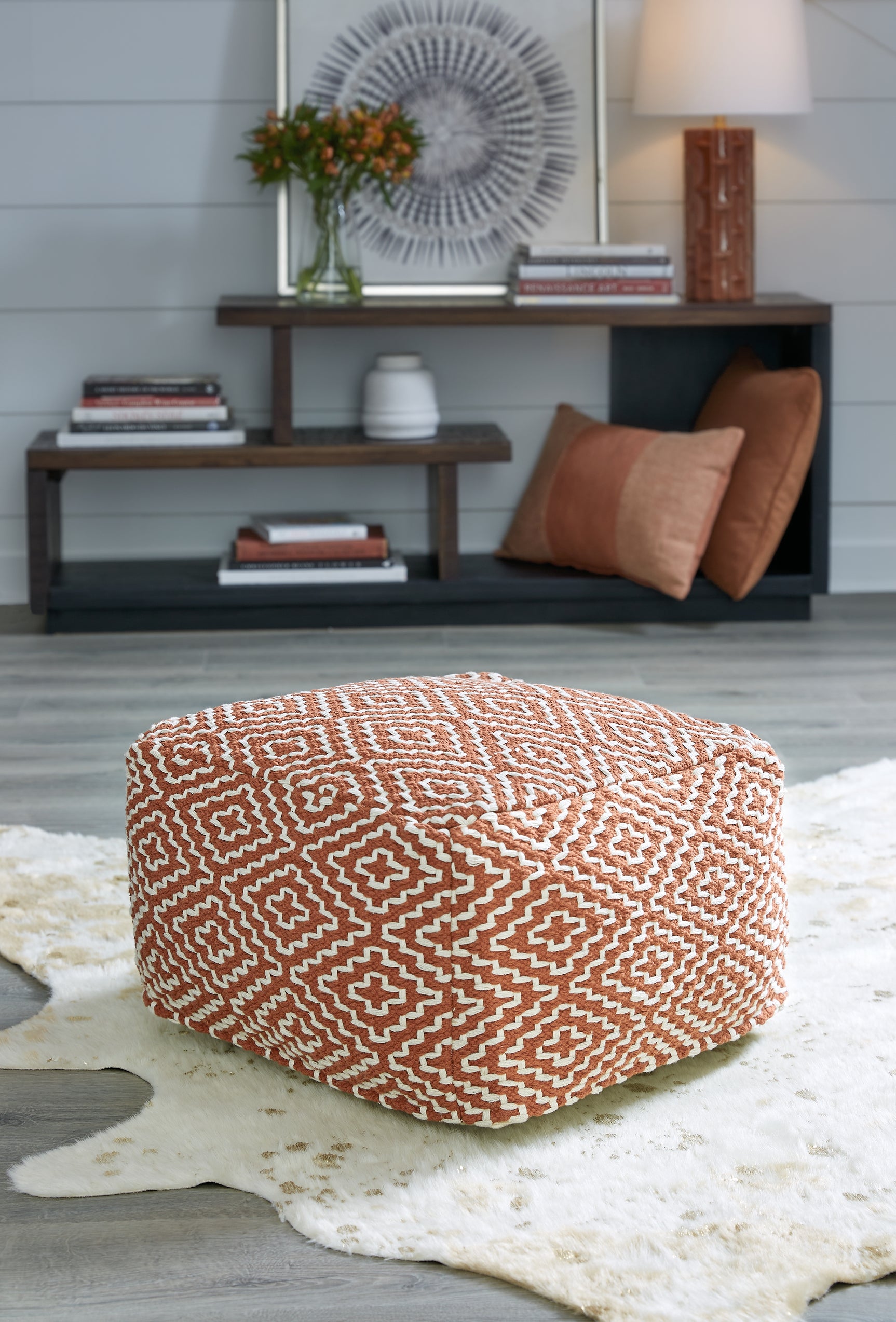 Tampa Furniture Outlet - Ashley Furniture - Brynnsen Pouf - Pouf / Rust/Ivory - A1001056