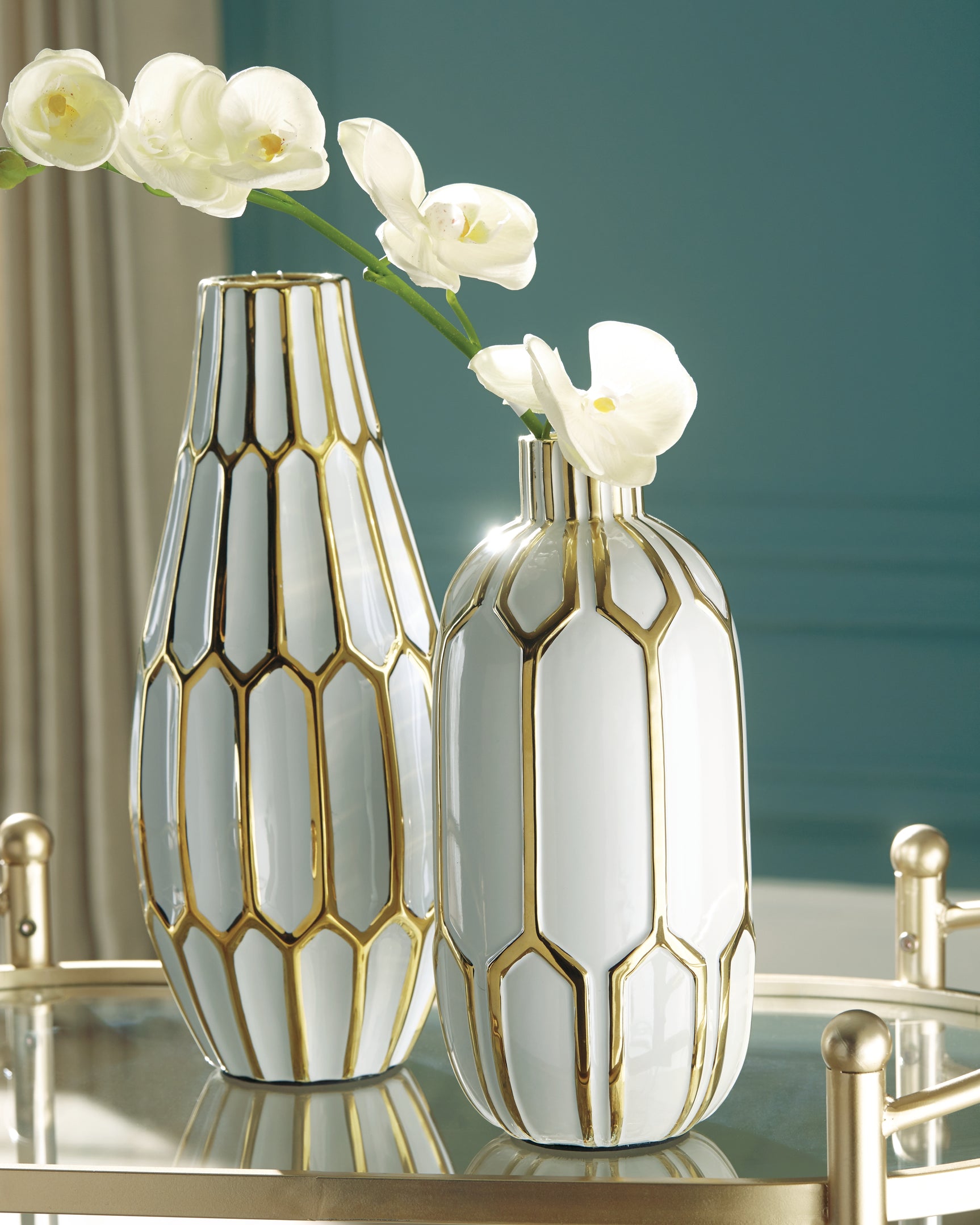 Tampa Furniture Outlet - Ashley Furniture - Mohsen Vase - Vase Set (Set of 2) / Gold Finish/White - A2000135