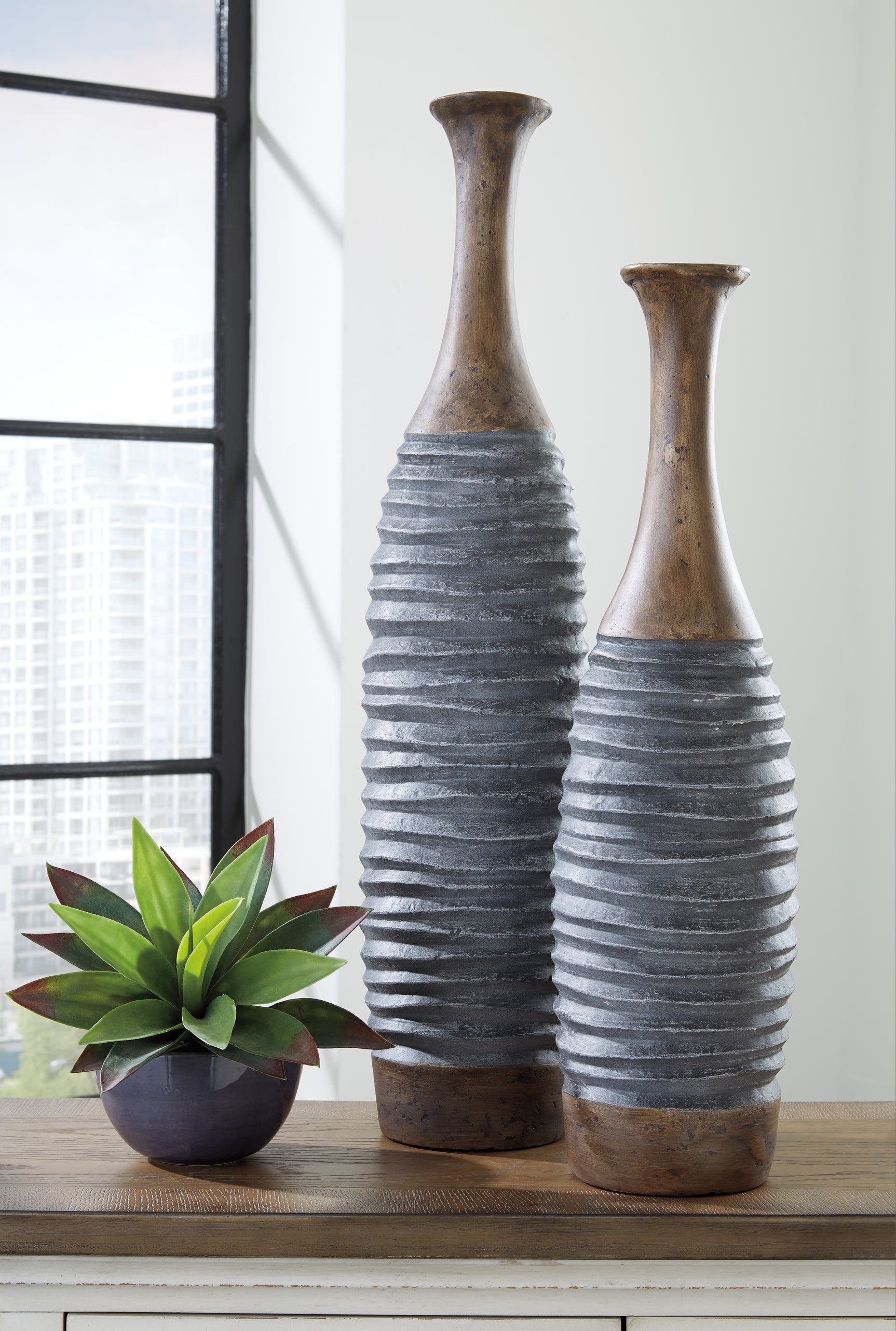 Tampa Furniture Outlet - Ashley Furniture - Blayze Vase - Vase Set (Set of 2) / Antique Gray/Brown - A2000388
