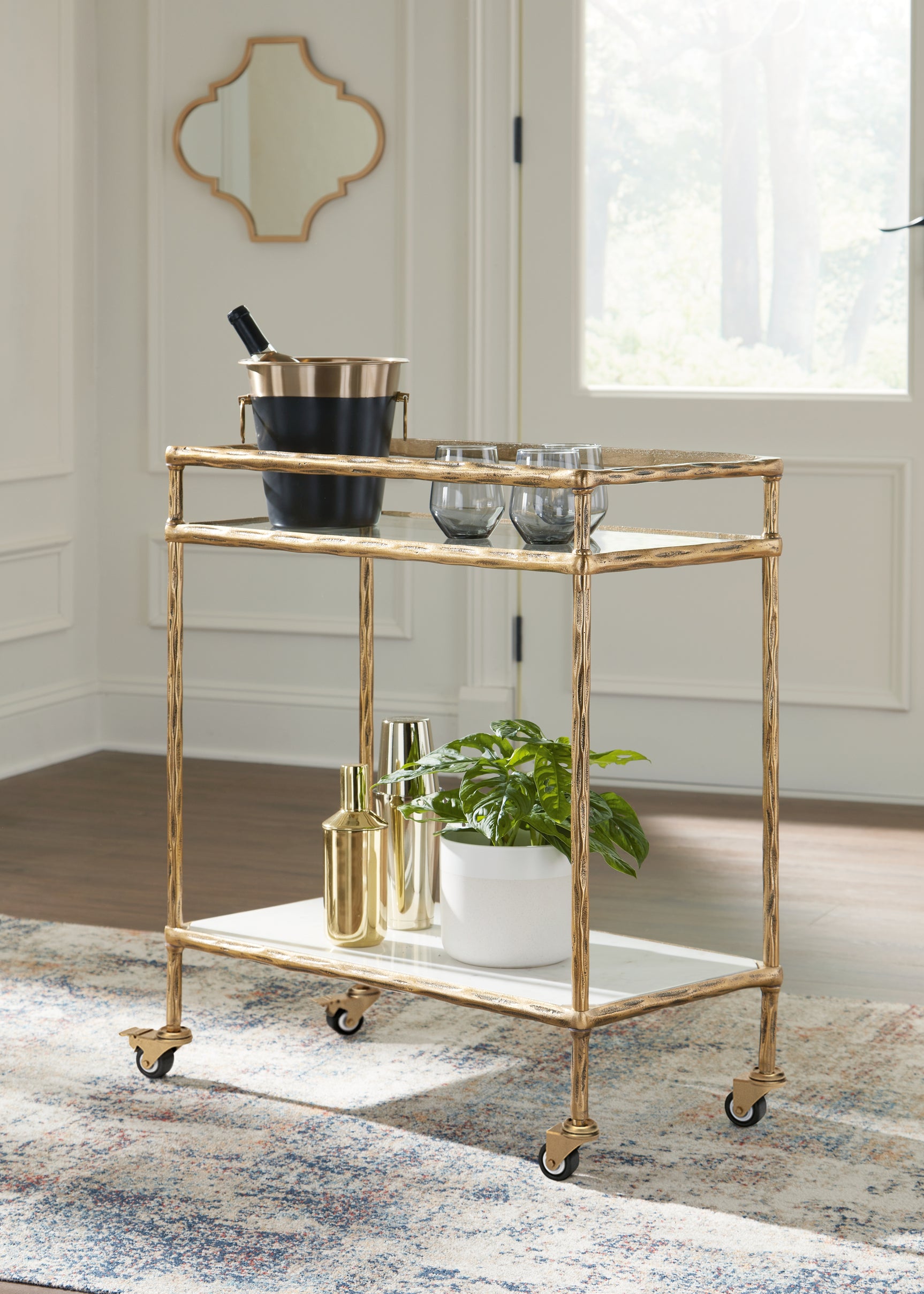 Tampa Furniture Outlet - Ashley Furniture - Plattfield Bar Cart - Bar Cart / Antique Gold Finish - A4000625