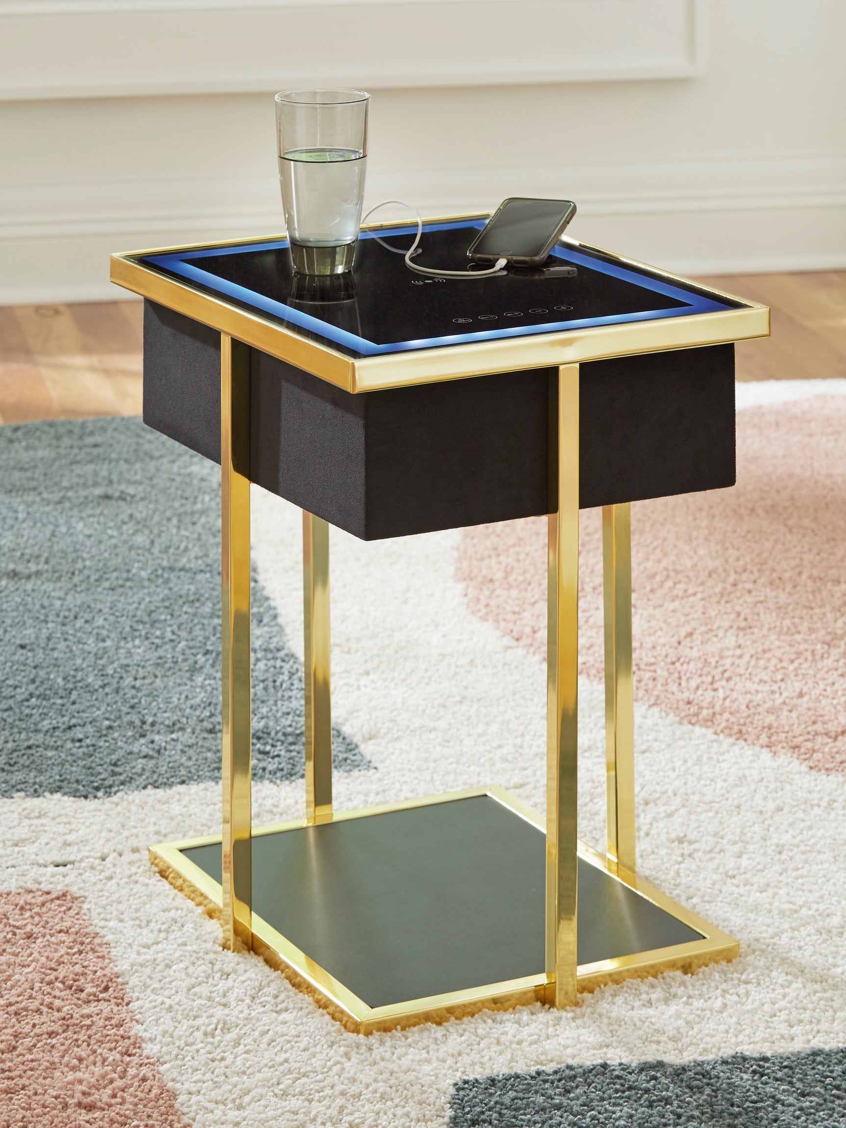 Tampa Furniture Outlet - Ashley Furniture - Rexwell Accent Table with Speaker - Accent Table with Speaker / Black/Gold Finish - A4000681