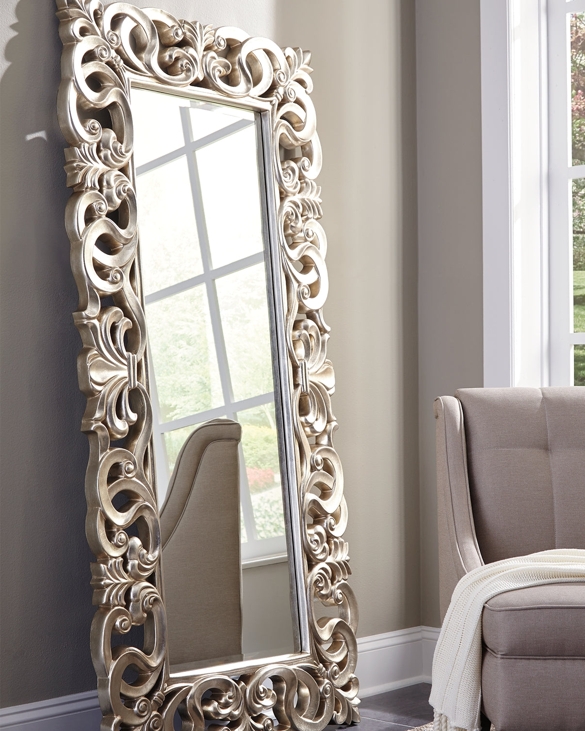 Tampa Furniture Outlet - Ashley Furniture - Lucia Mirror - Floor Mirror / Antique Silver Finish - A8010123
