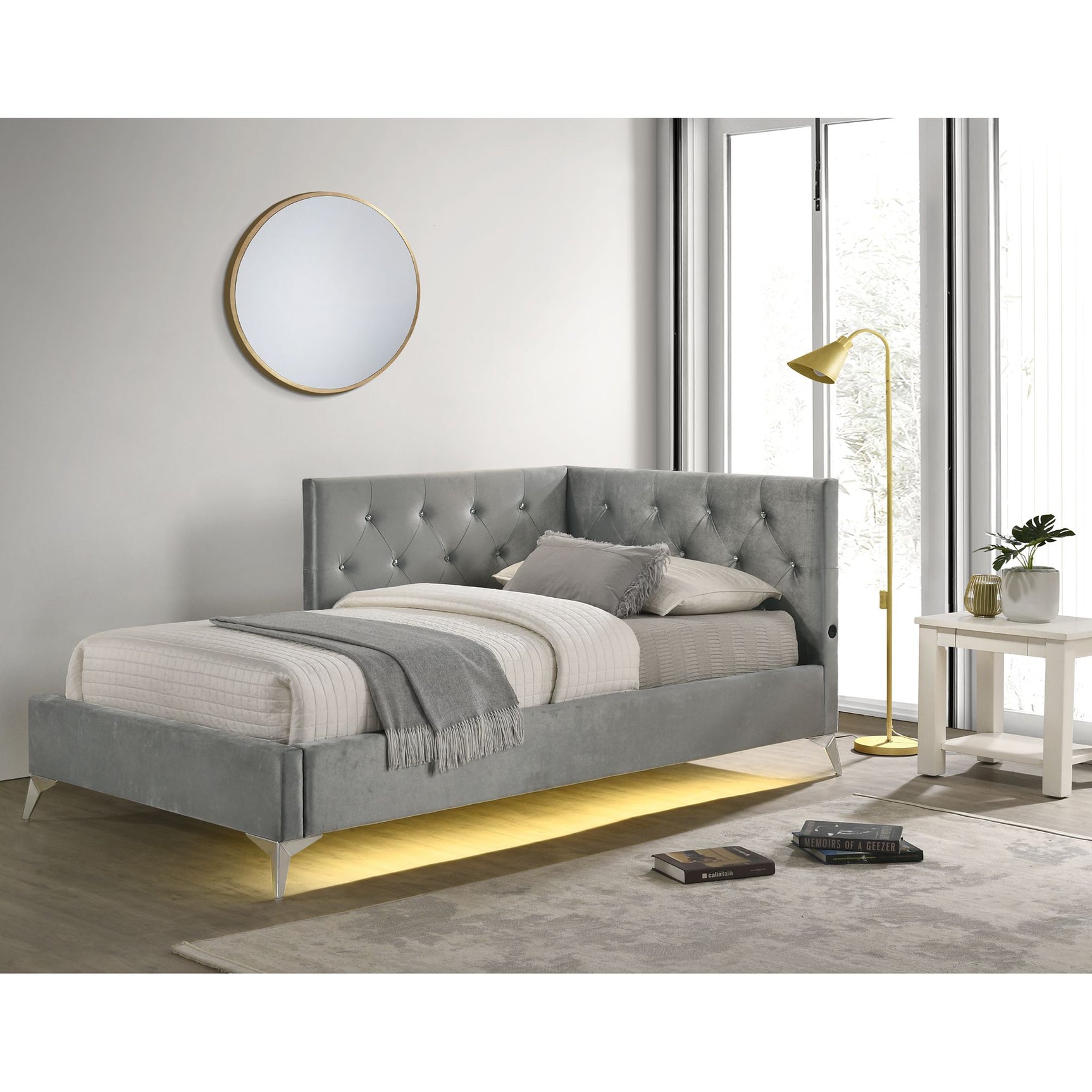 Amberley Twin UPH Corner Bed with LED and USB in Grey – SKU B-480-3-TCB | Elements