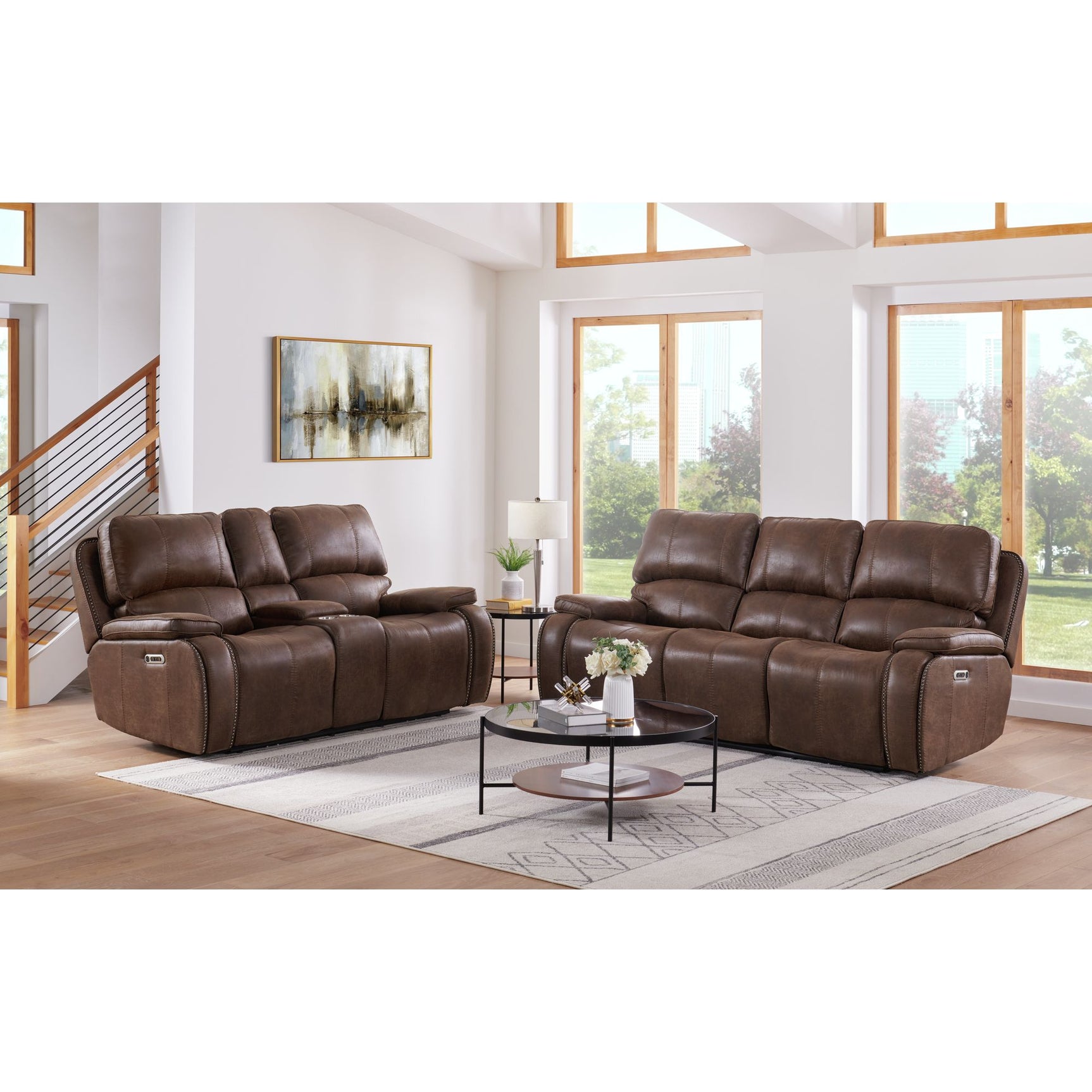 Atlantis Power Motion Loveseat with Power Motion Head Recliner & Console in Heritage Brown – SKU U-5230-8640-285PP | Elements
