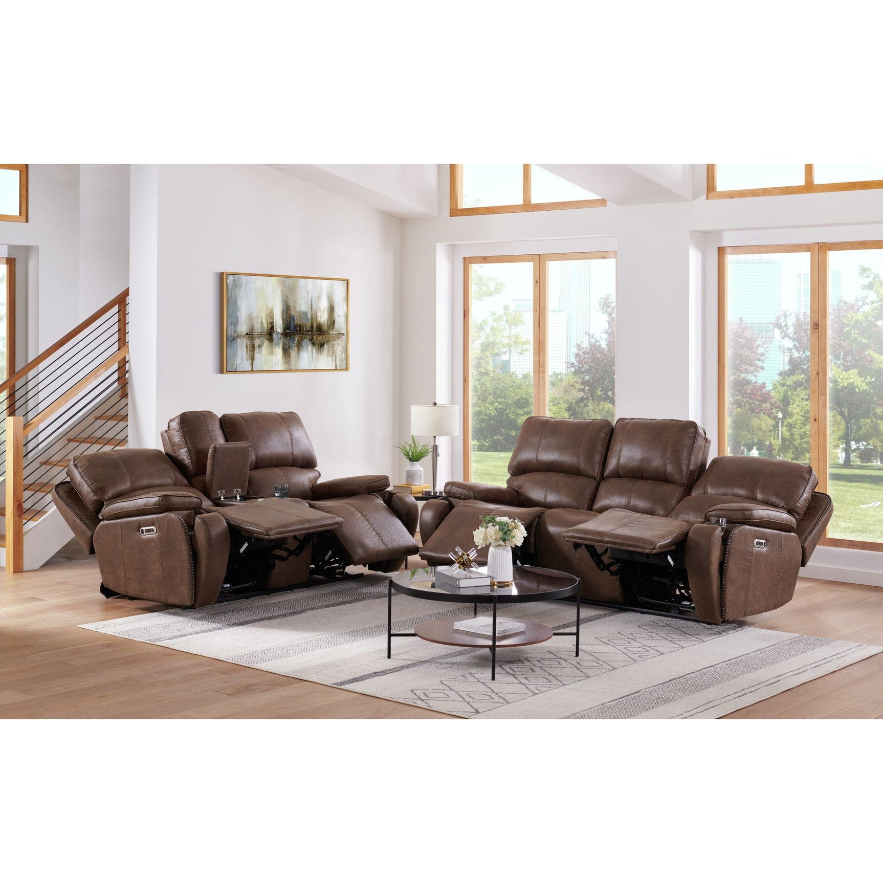 Atlantis Power Motion Loveseat with Power Motion Head Recliner & Console in Heritage Brown - Tampa Furniture Outlet