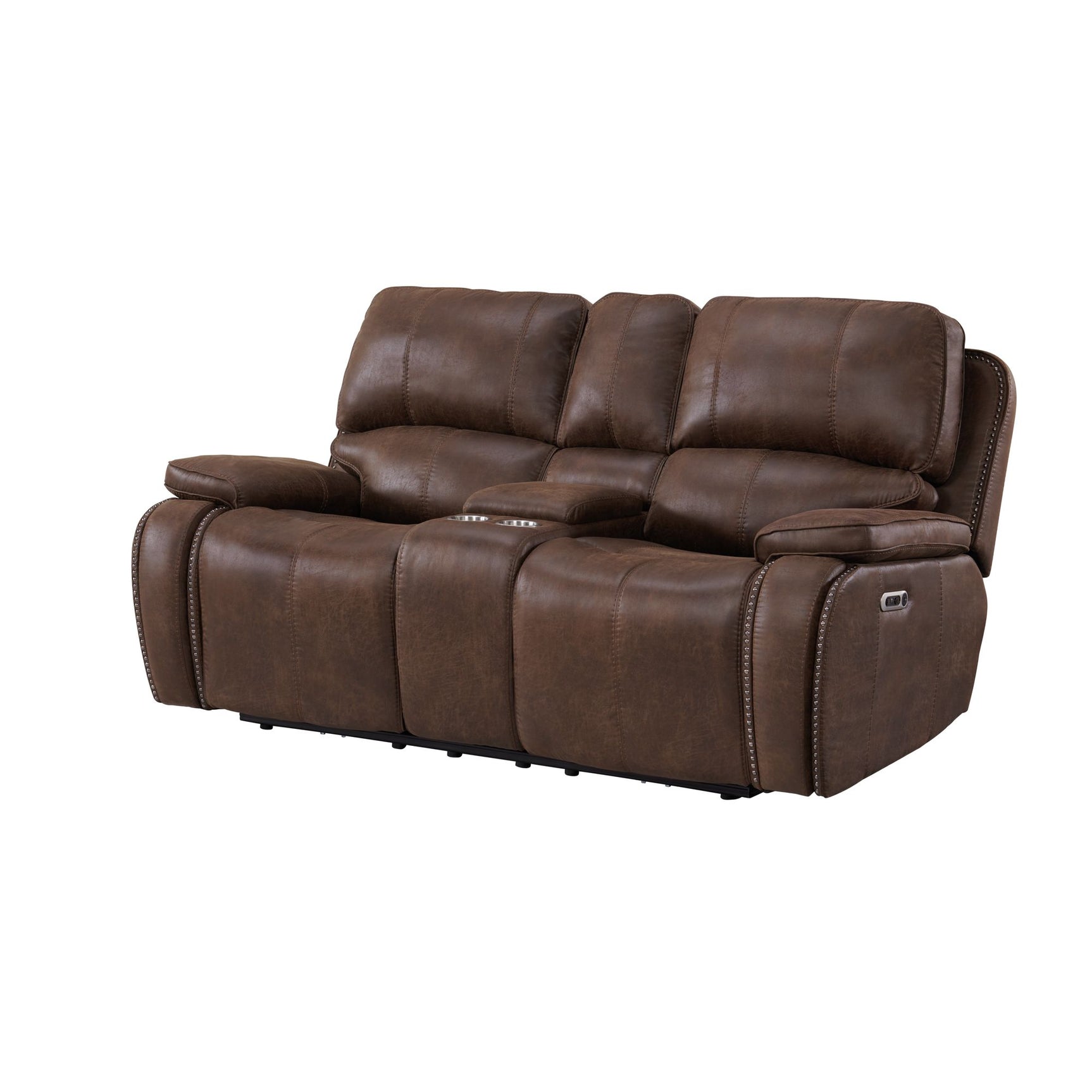 Atlantis Power Motion Loveseat with Power Motion Head Recliner & Console in Heritage Brown - Tampa Furniture Outlet