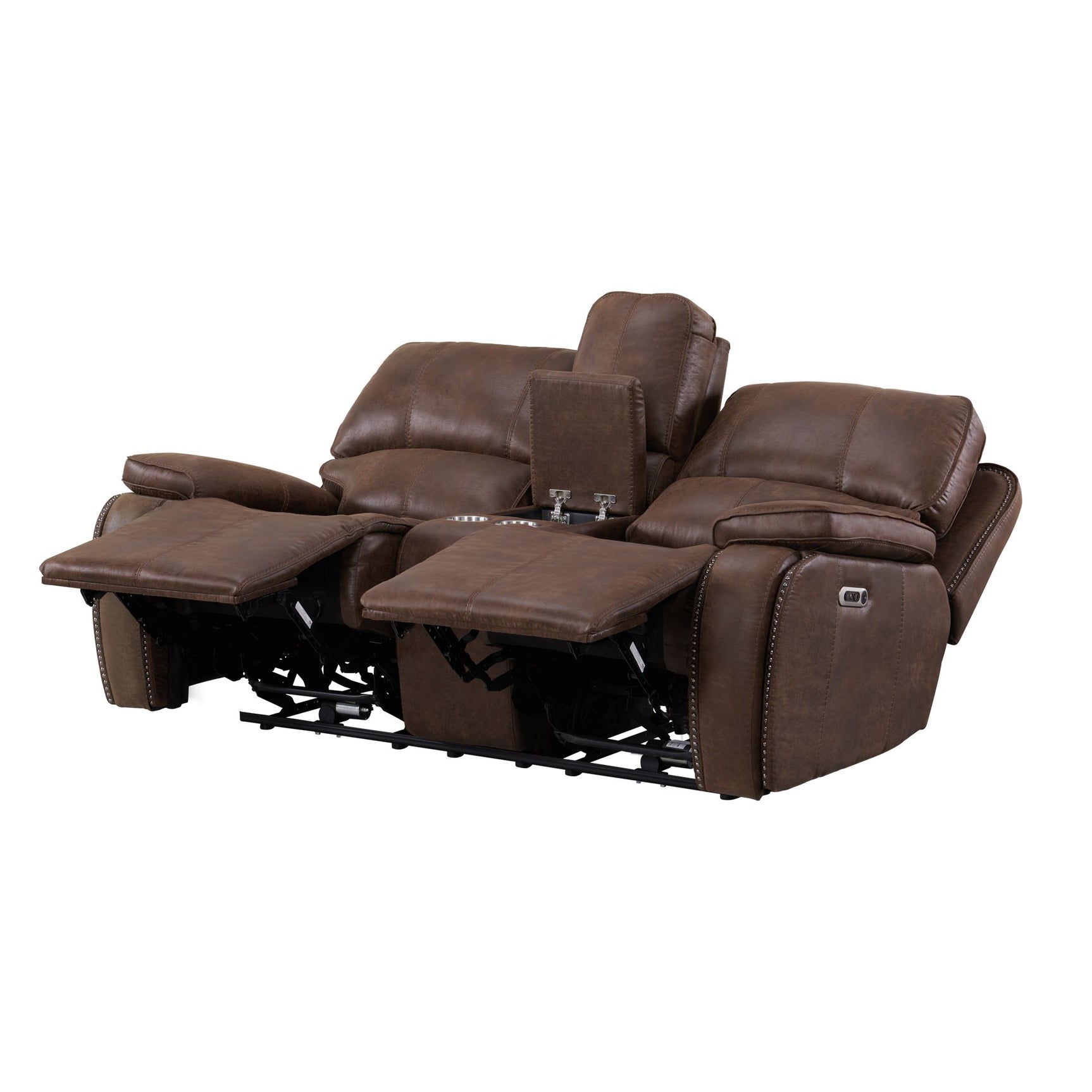 Atlantis Power Motion Loveseat with Power Motion Head Recliner & Console in Heritage Brown - Tampa Furniture Outlet