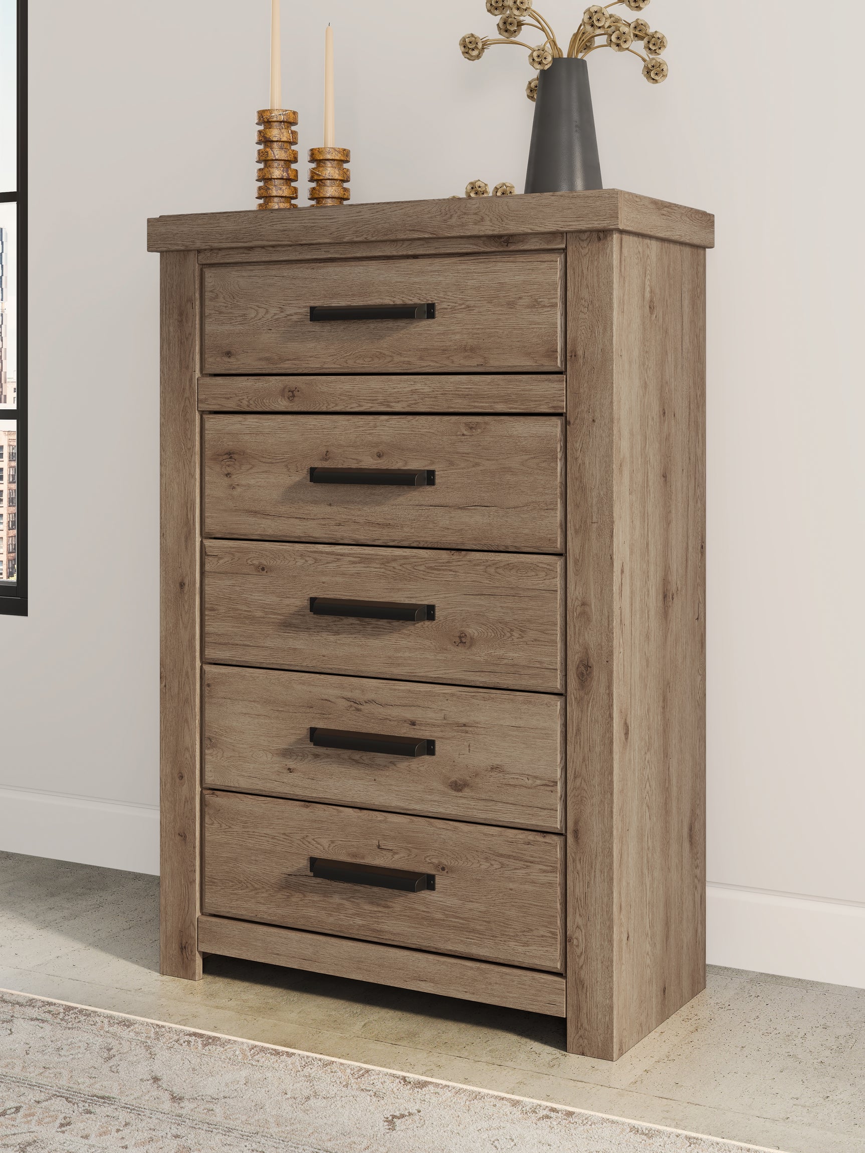 Tampa Furniture Outlet - Ashley Furniture - Oliandon Bedroom - Five Drawer Chest / Light Brown - PCB2844-46