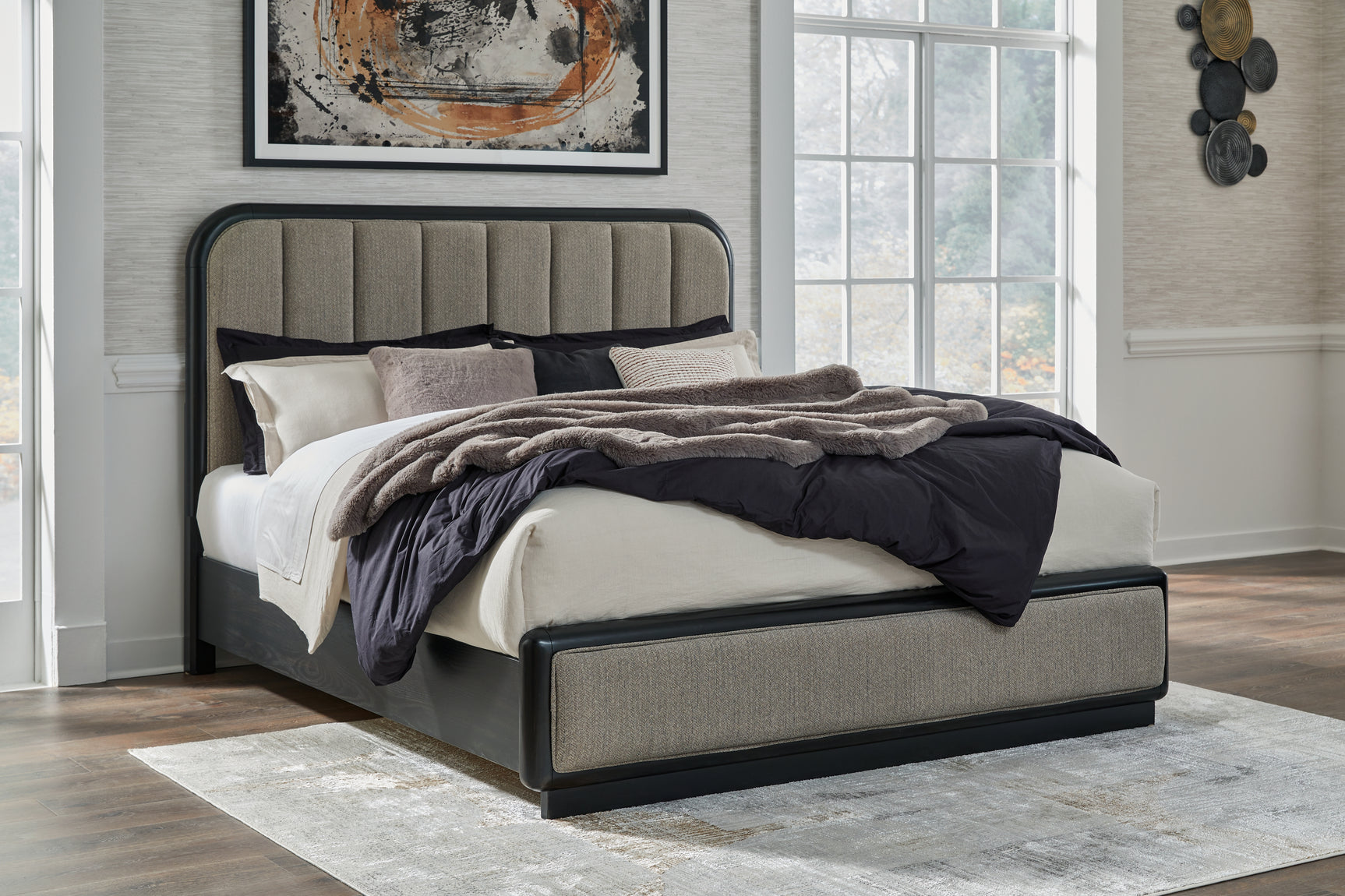 Tampa Furniture Outlet - Ashley Furniture - Rowanbeck Bedroom - California King Upholstered Panel Bed / Gray/Black - B821B5