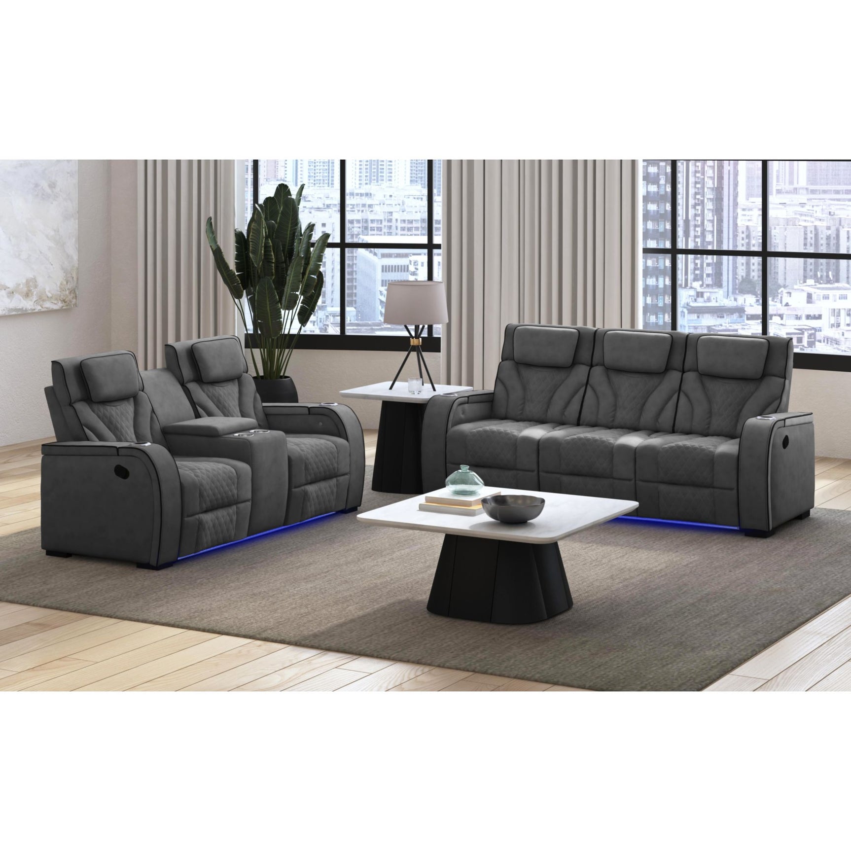 Blitz Motion Sofa with DDT, Reading Light, Wireless Charger and LED in Simba Slate and Black Welt - Tampa Furniture Outlet