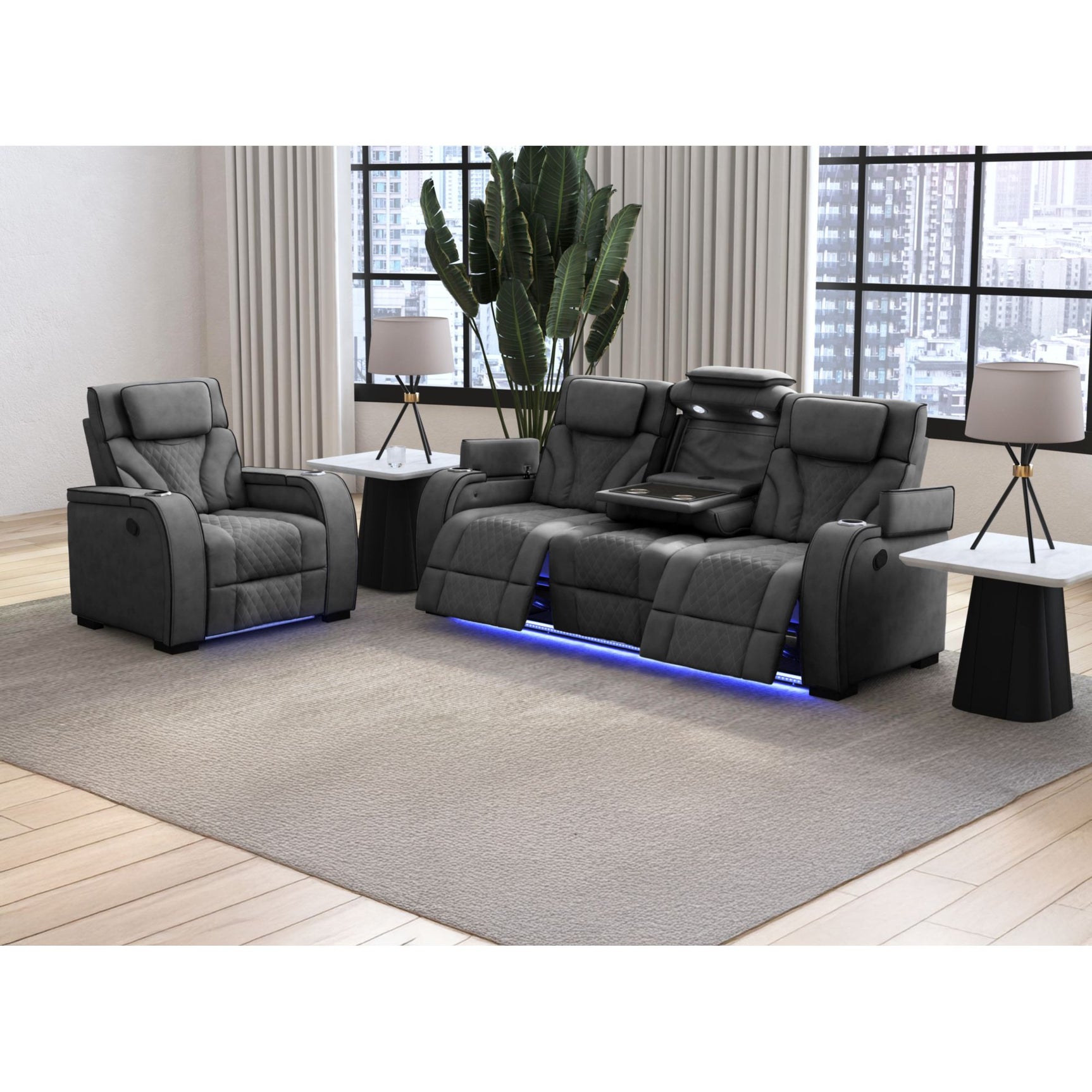 Blitz Motion Sofa with DDT, Reading Light, Wireless Charger and LED in Simba Slate and Black Welt - Tampa Furniture Outlet