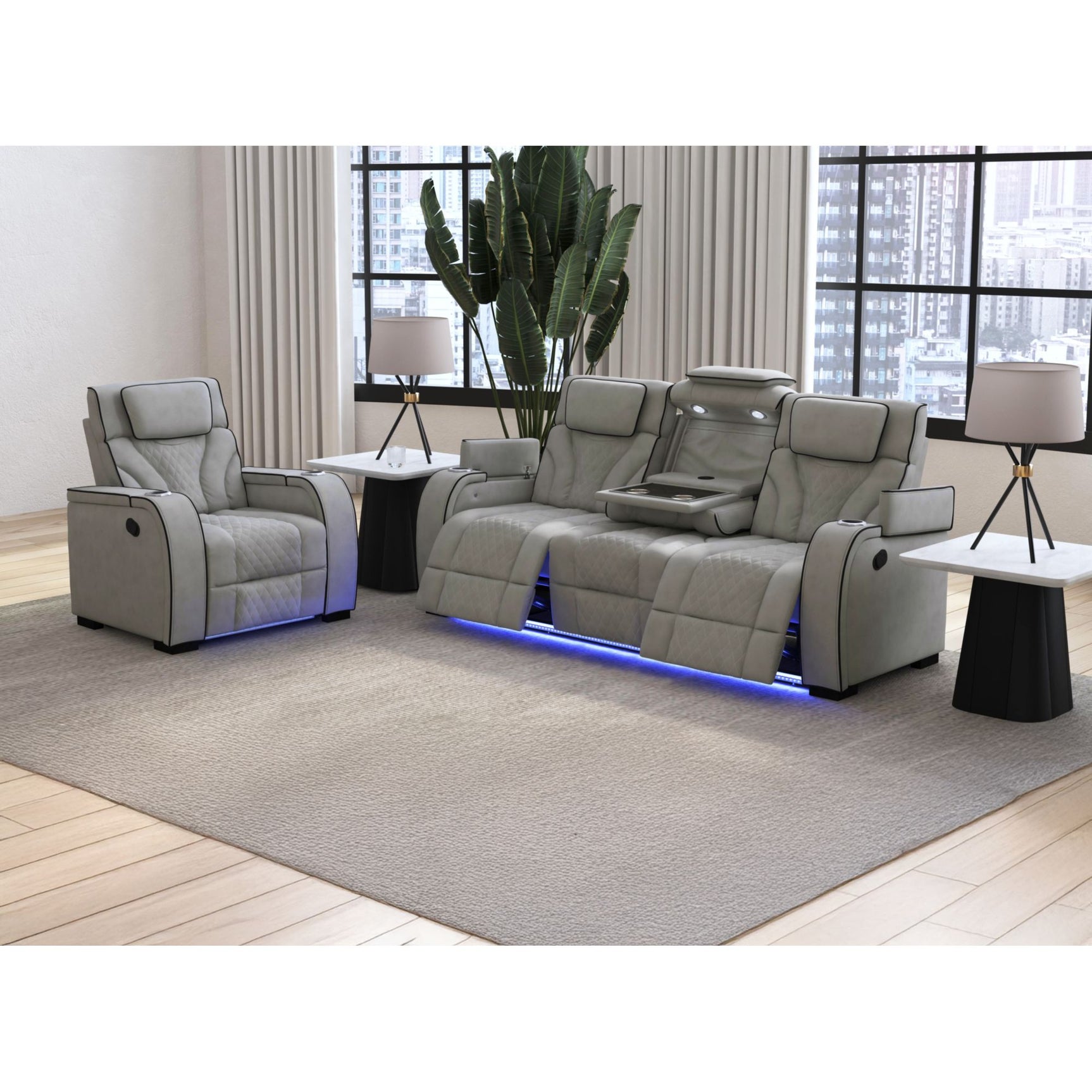 Blitz Motion Recliner with LED in Simba Taupe and Black Welt - Tampa Furniture Outlet
