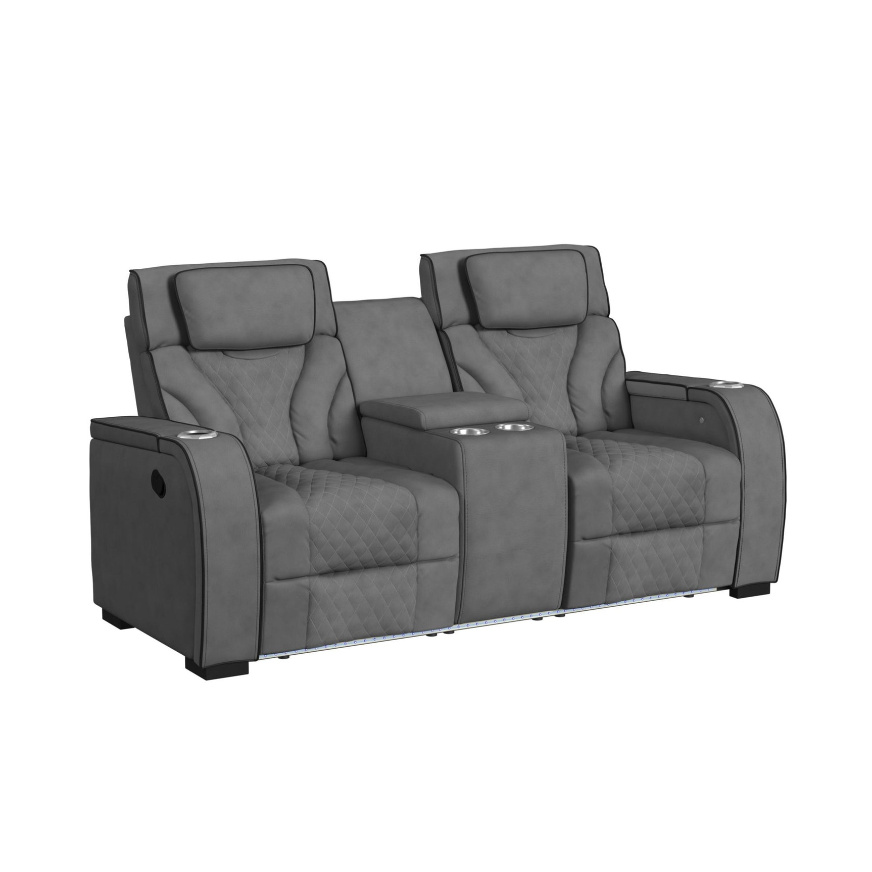 Blitz Motion Loveseat with Console, and LED in Simba Slate and Black Welt