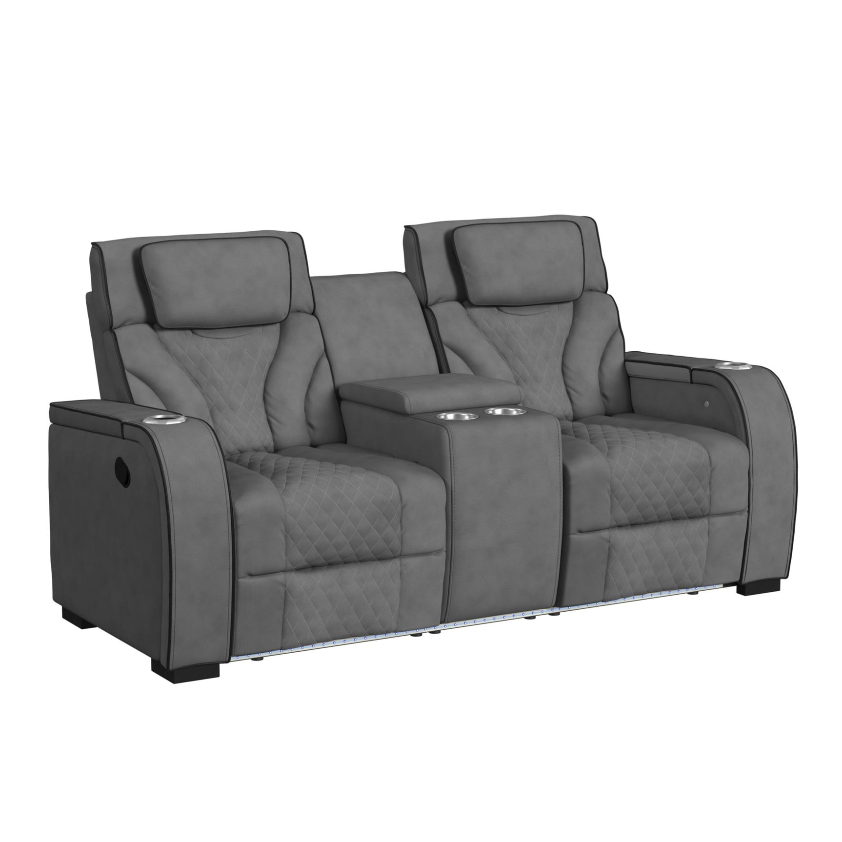 Blitz Motion Loveseat with Console, and LED in Simba Slate and Black Welt - Tampa Furniture Outlet