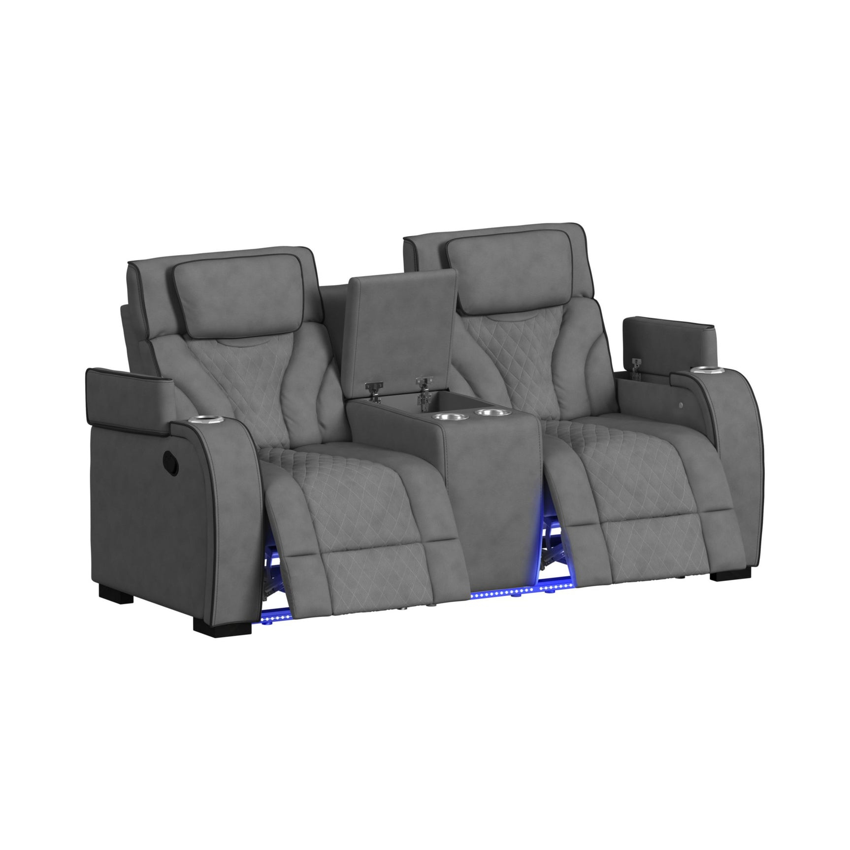 Blitz Motion Loveseat with Console, and LED in Simba Slate and Black Welt