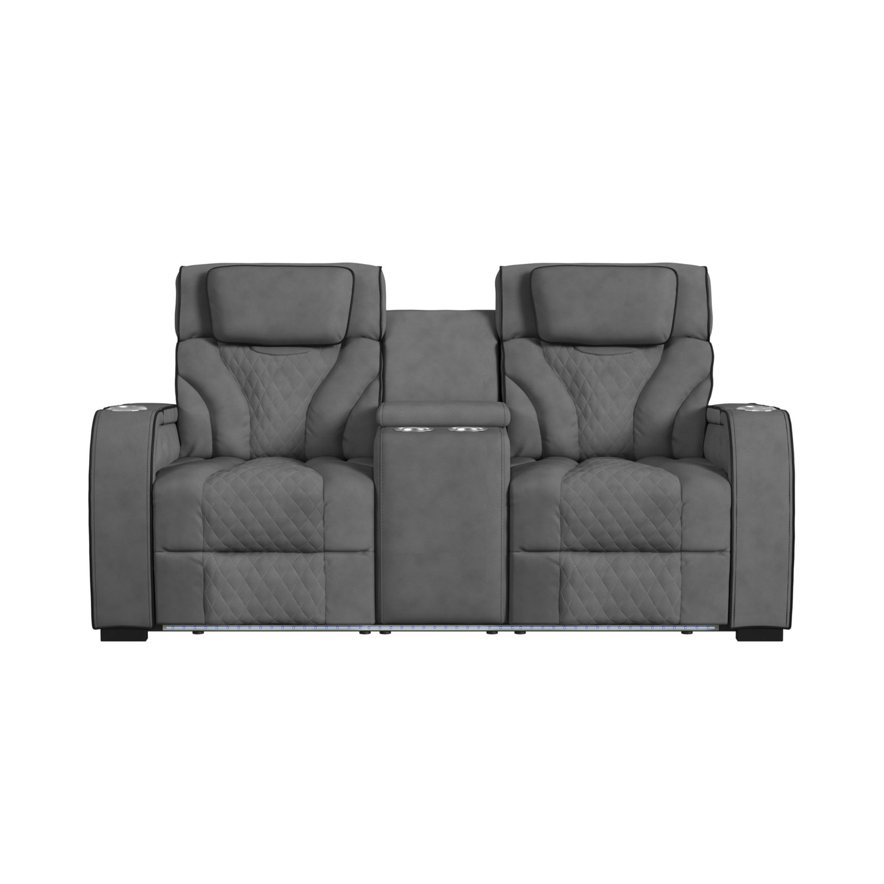 Blitz Motion Loveseat with Console, and LED in Simba Slate and Black Welt