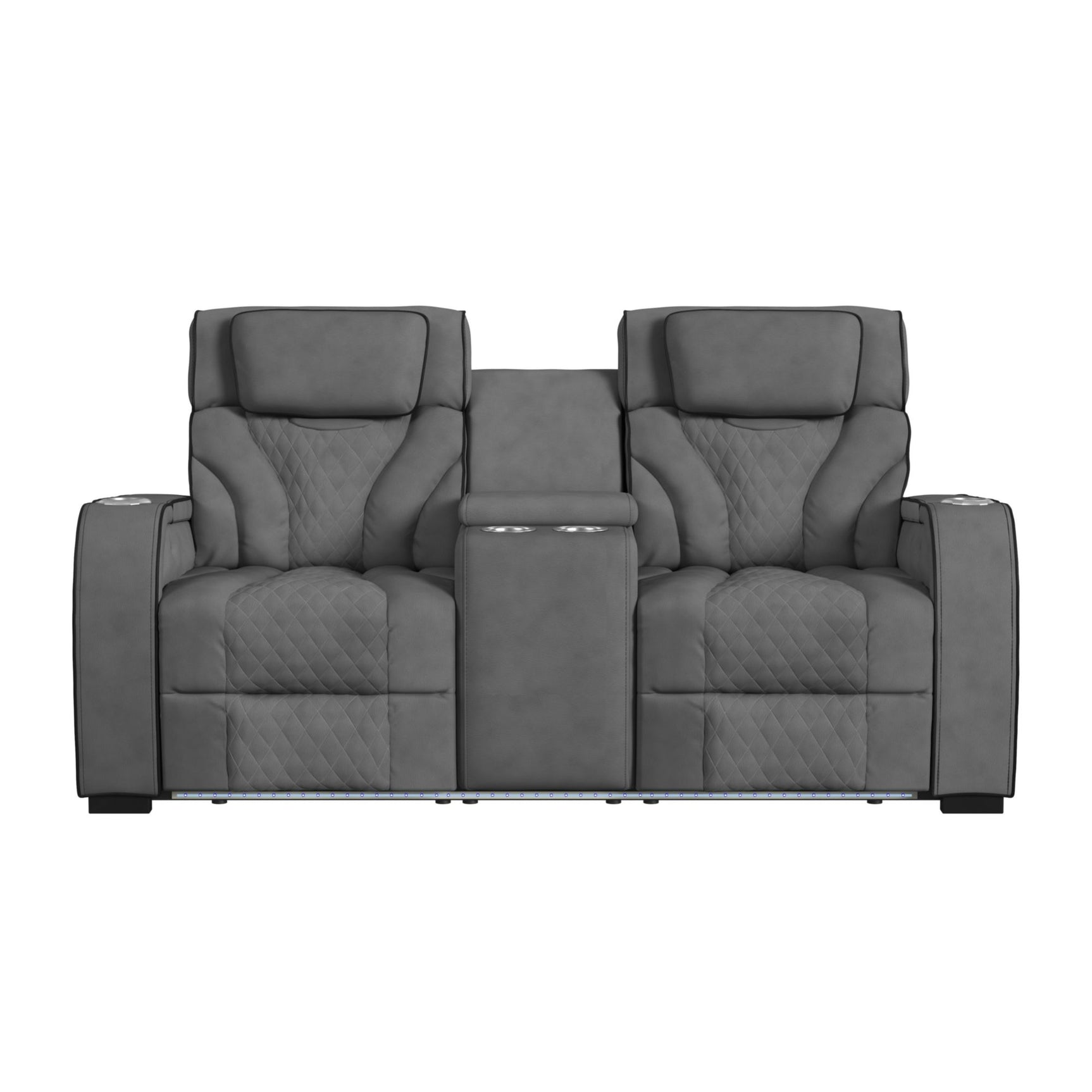 Blitz Motion Loveseat with Console, and LED in Simba Slate and Black Welt - Tampa Furniture Outlet
