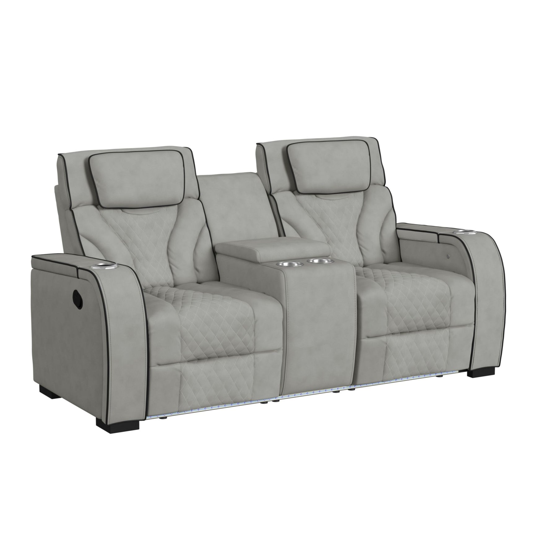 Blitz Motion Loveseat with Console, and LED in Simba Taupe and Black Welt - Tampa Furniture Outlet
