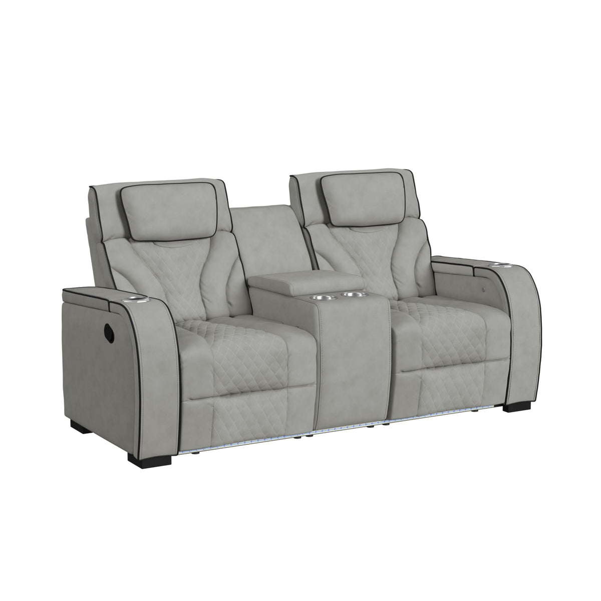 Blitz Motion Loveseat with Console, and LED in Simba Taupe and Black Welt