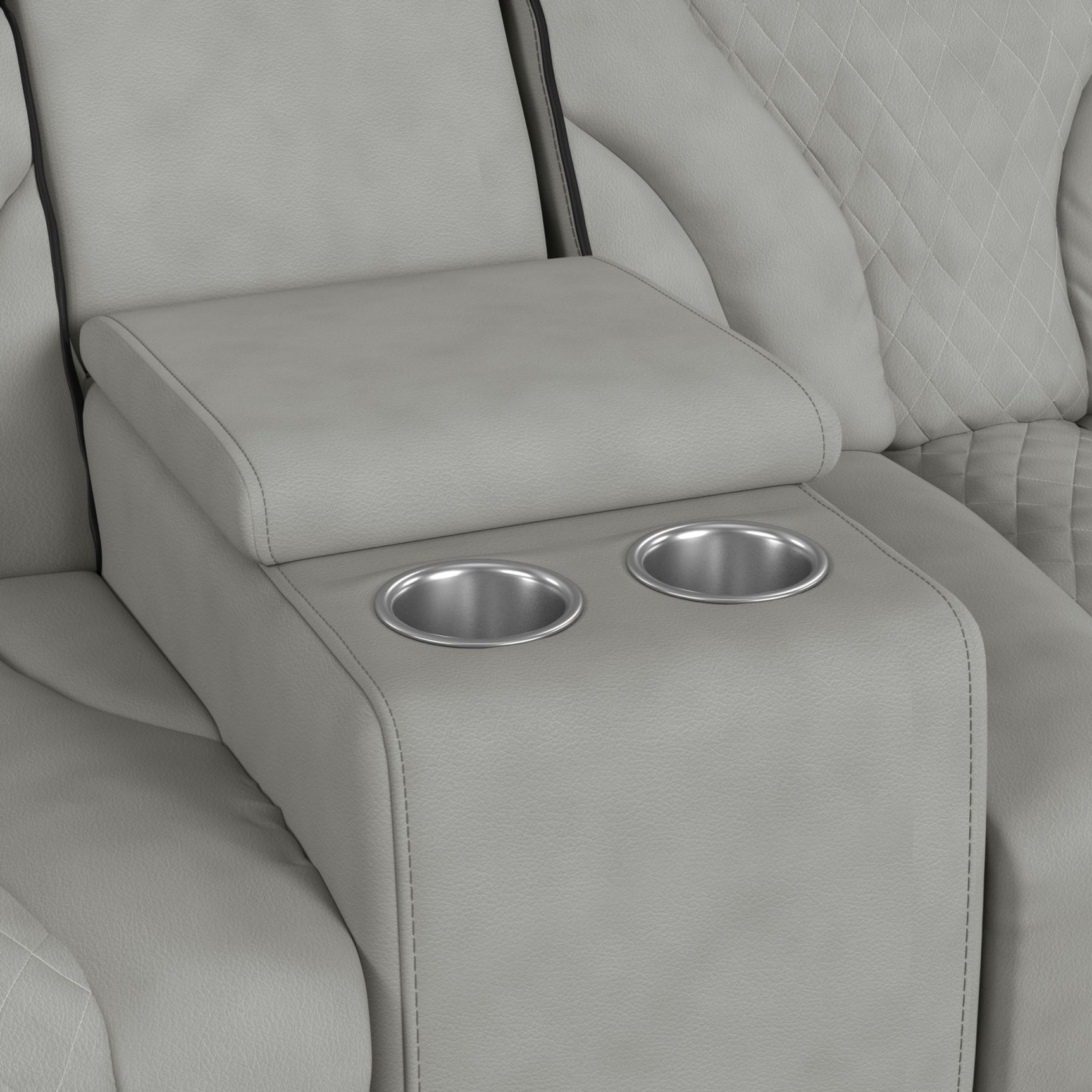 Blitz Motion Loveseat with Console, and LED in Simba Taupe and Black Welt - Tampa Furniture Outlet