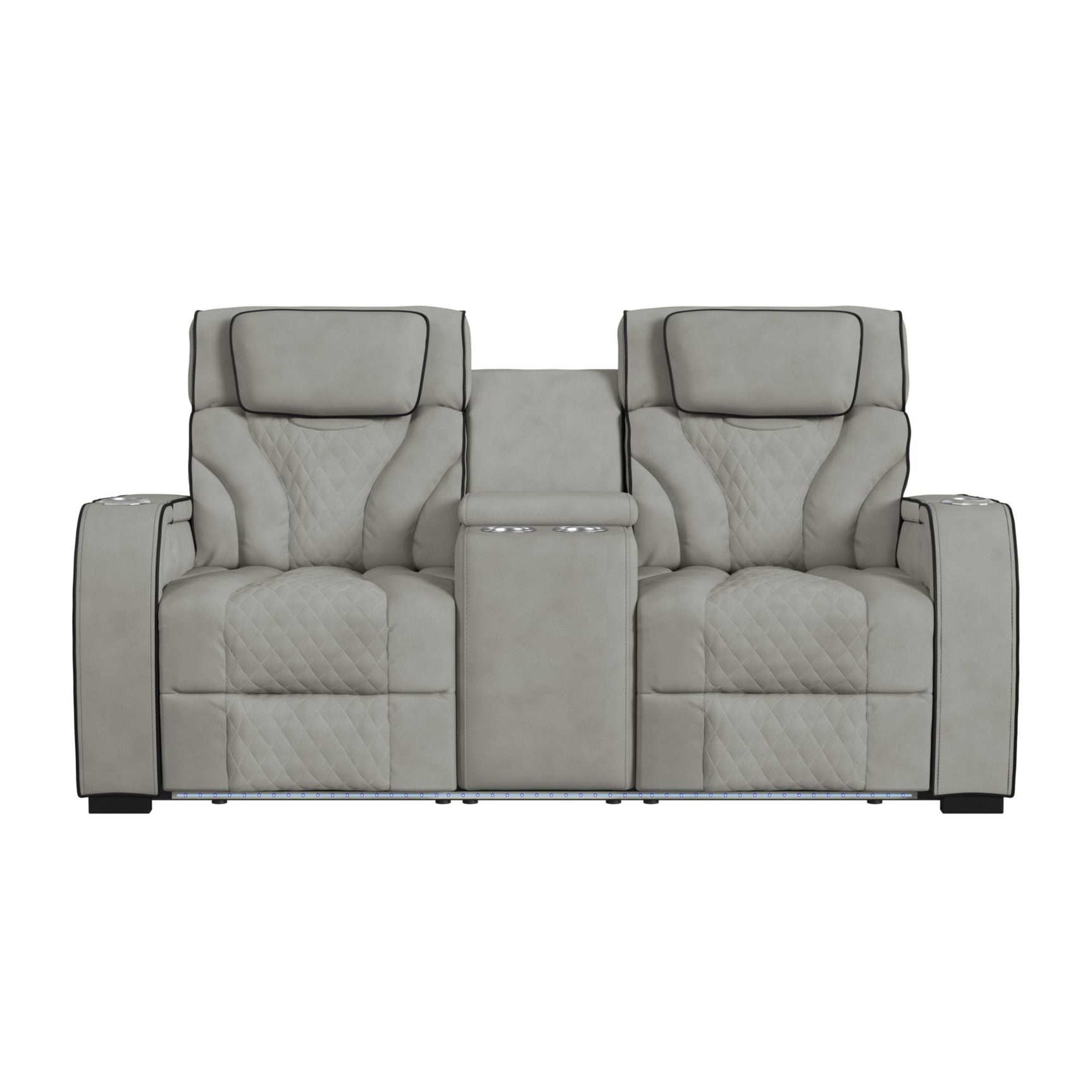 Blitz Motion Loveseat with Console, and LED in Simba Taupe and Black Welt - Tampa Furniture Outlet