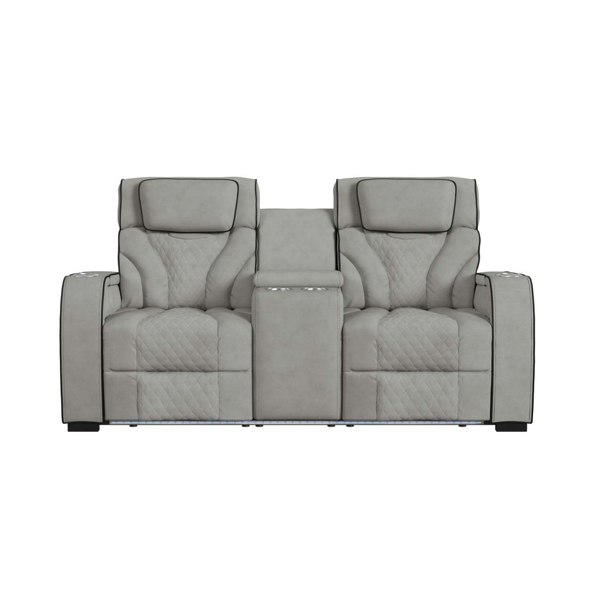 Blitz Motion Loveseat with Console, and LED in Simba Taupe and Black Welt