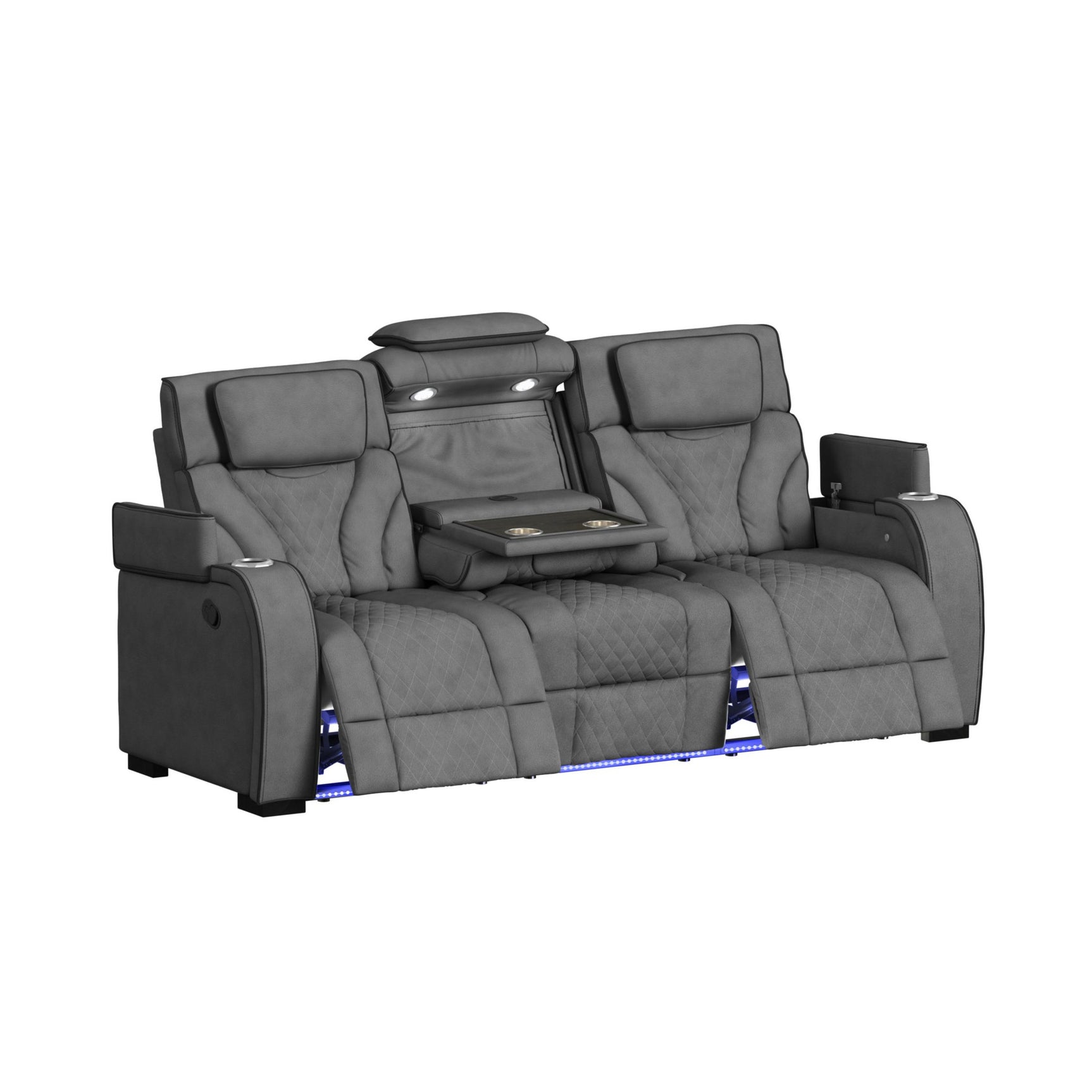 Blitz Motion Sofa with DDT, Reading Light, Wireless Charger and LED in Simba Slate and Black Welt