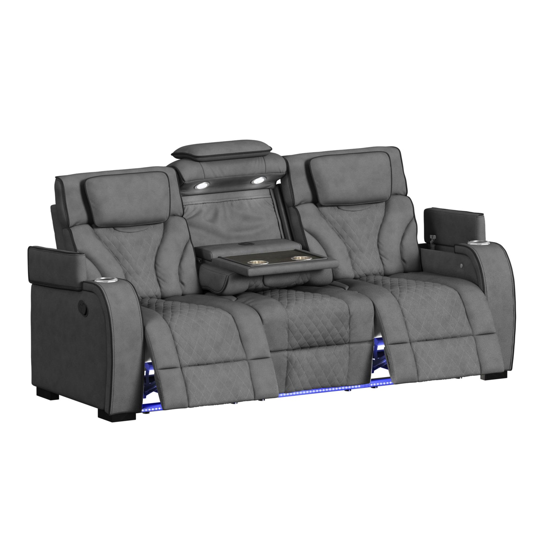 Blitz Motion Sofa with DDT, Reading Light, Wireless Charger and LED in Simba Slate and Black Welt - Tampa Furniture Outlet