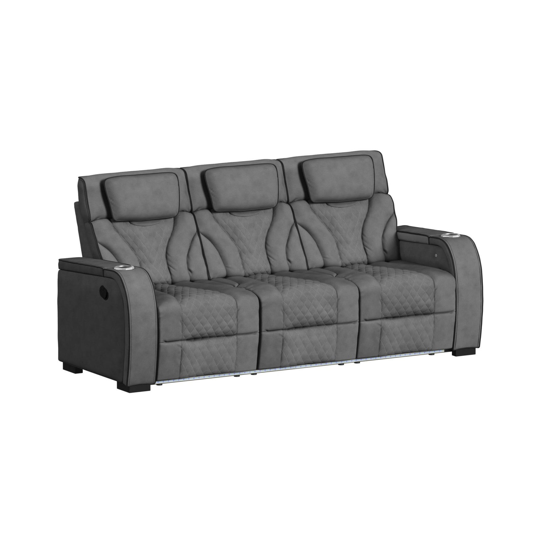 Blitz Motion Sofa with DDT, Reading Light, Wireless Charger and LED in Simba Slate and Black Welt