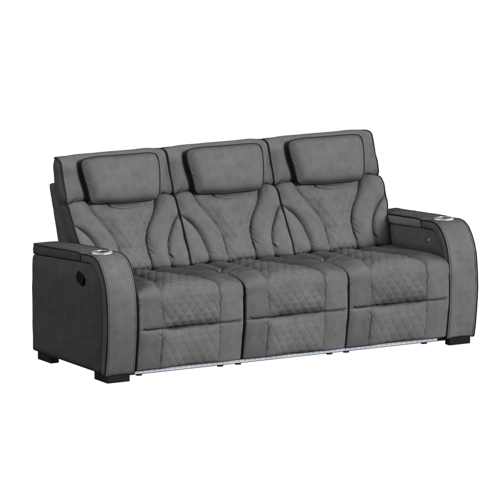 Blitz Motion Sofa with DDT, Reading Light, Wireless Charger and LED in Simba Slate and Black Welt - Tampa Furniture Outlet